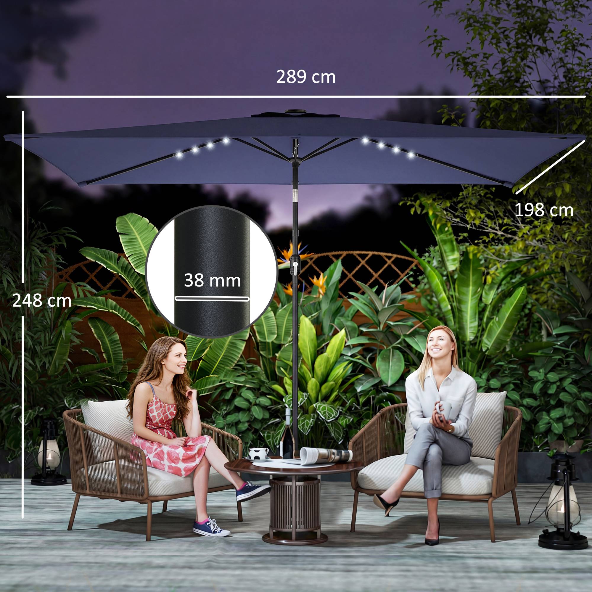 Parasol jardin 24 LED solaires, dais inclinable, mat metal 2,9x2,5 m, bleu fonce - Image 5