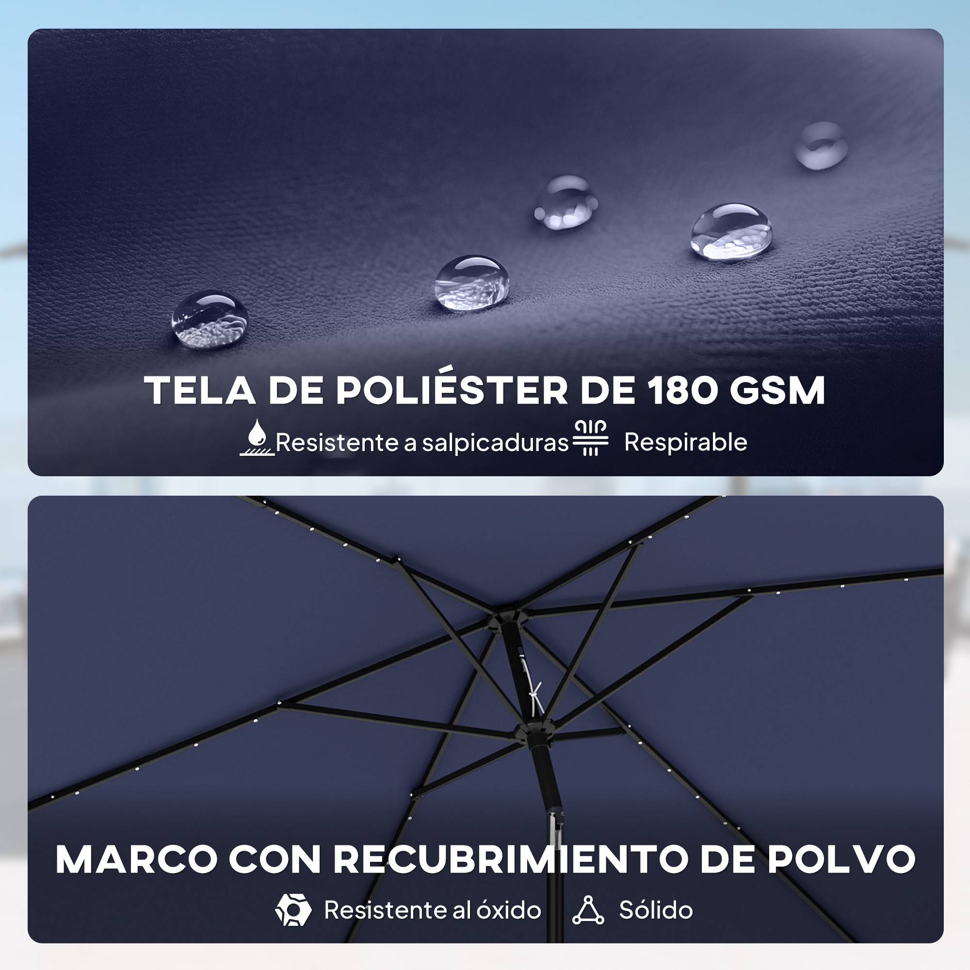 Parasol jardin 24 LED solaires, dais inclinable, mat metal 2,9x2,5 m, bleu fonce - Image 9