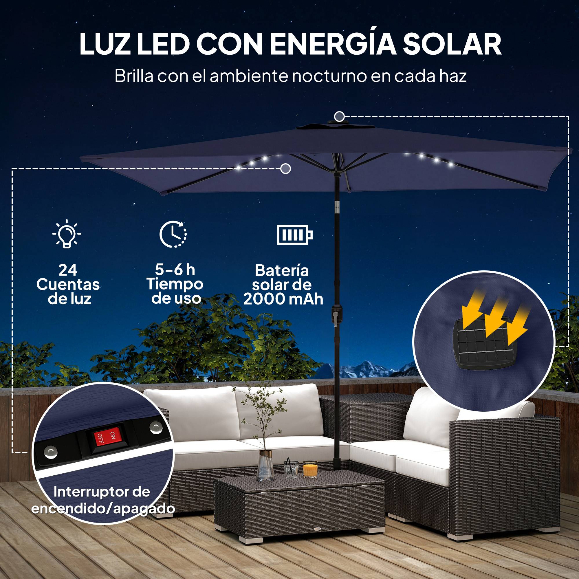 Parasol jardin 24 LED solaires, dais inclinable, mat metal 2,9x2,5 m, bleu fonce - Image 6