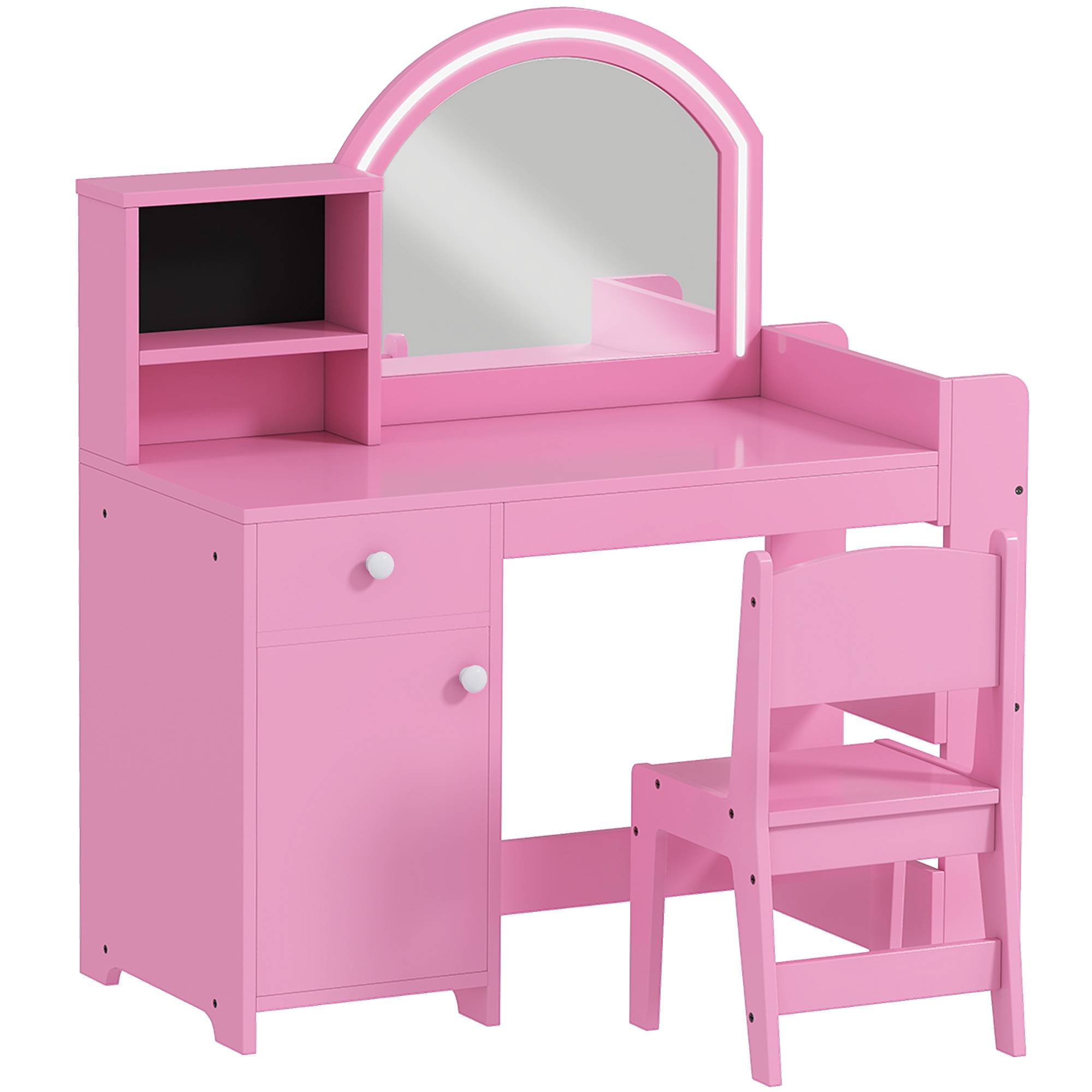 Sans Marque - Ensemble coiffeuse 2 en 1 pour enfants avec miroir, chaise, lumière LED, armoire, étagères et bibliothèque, rose - Image 2