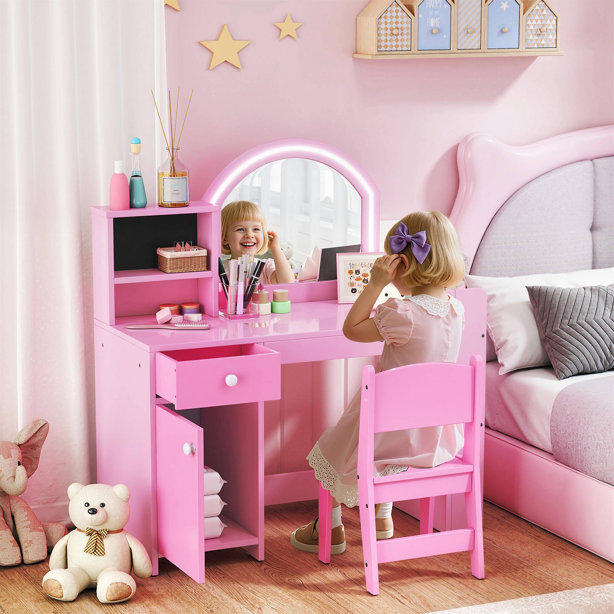 Sans Marque - Ensemble coiffeuse 2 en 1 pour enfants avec miroir, chaise, lumière LED, armoire, étagères et bibliothèque, rose - Image 3