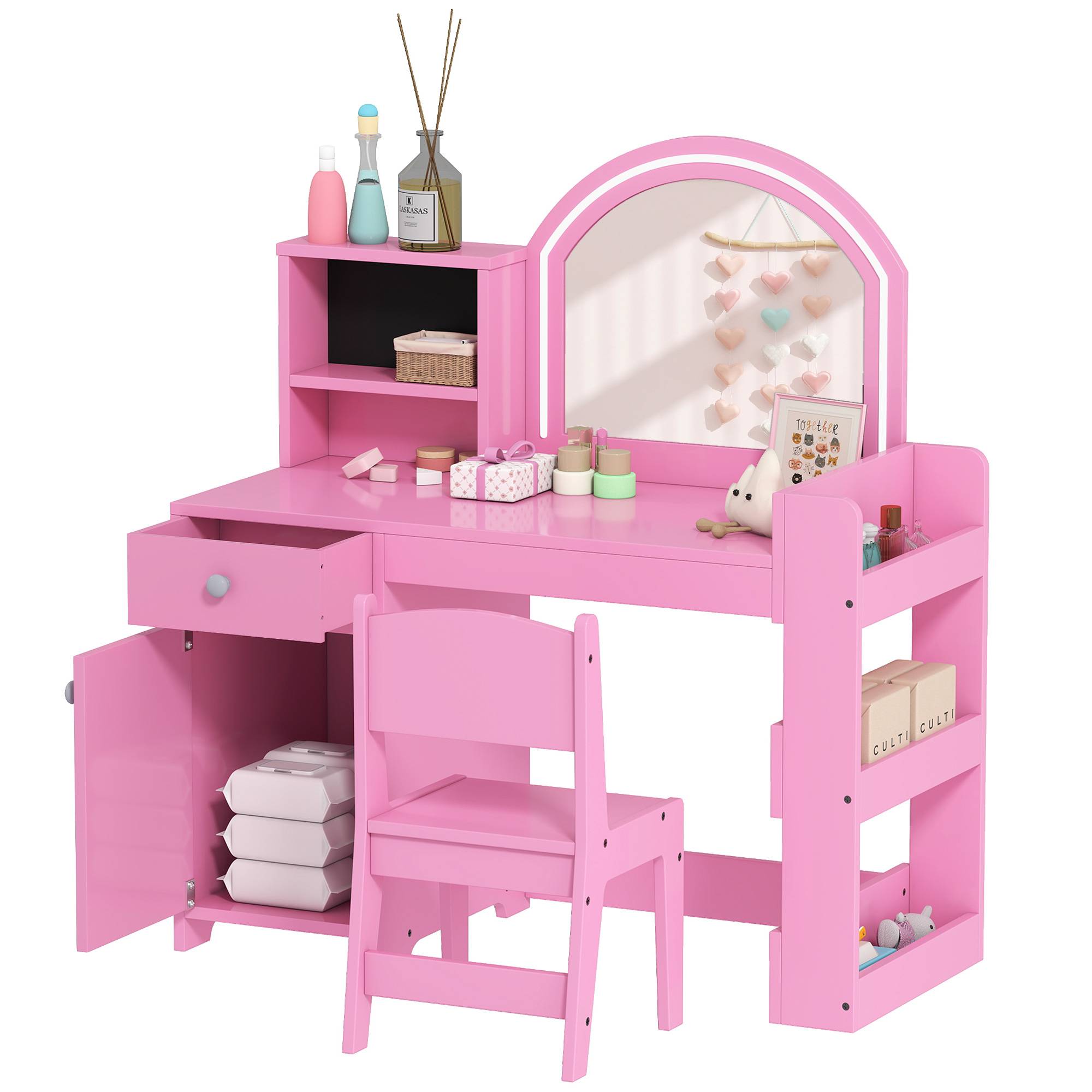 Sans Marque - Ensemble coiffeuse 2 en 1 pour enfants avec miroir, chaise, lumière LED, armoire, étagères et bibliothèque, rose - Image 1