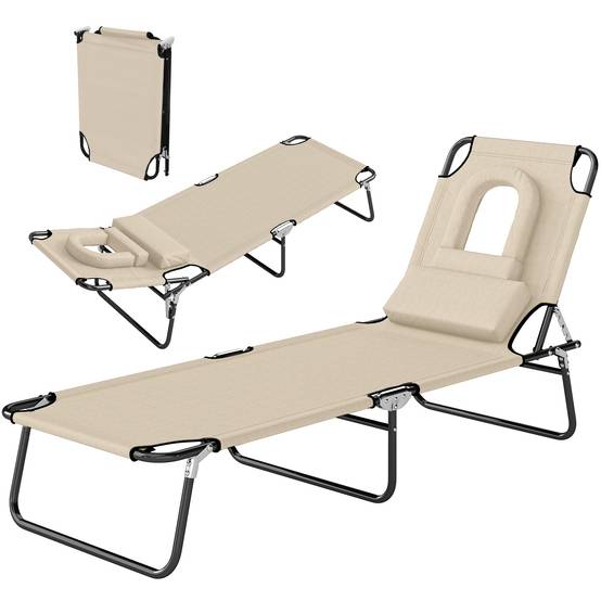 Transat de plage en acier pour bronzage pliable avec cavité faciale 187x58cm Beige - ComfortXL Outdoor Living - Image 2