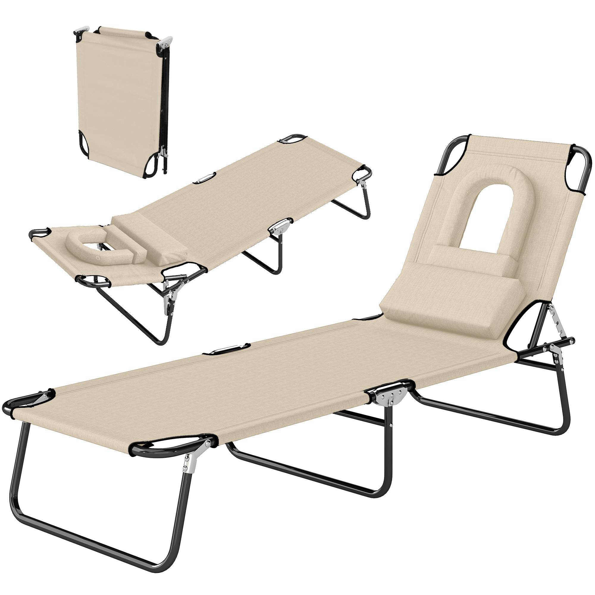 Transat de plage en acier pour bronzage pliable avec cavité faciale 187x58cm Beige - ComfortXL Outdoor Living - Image 2