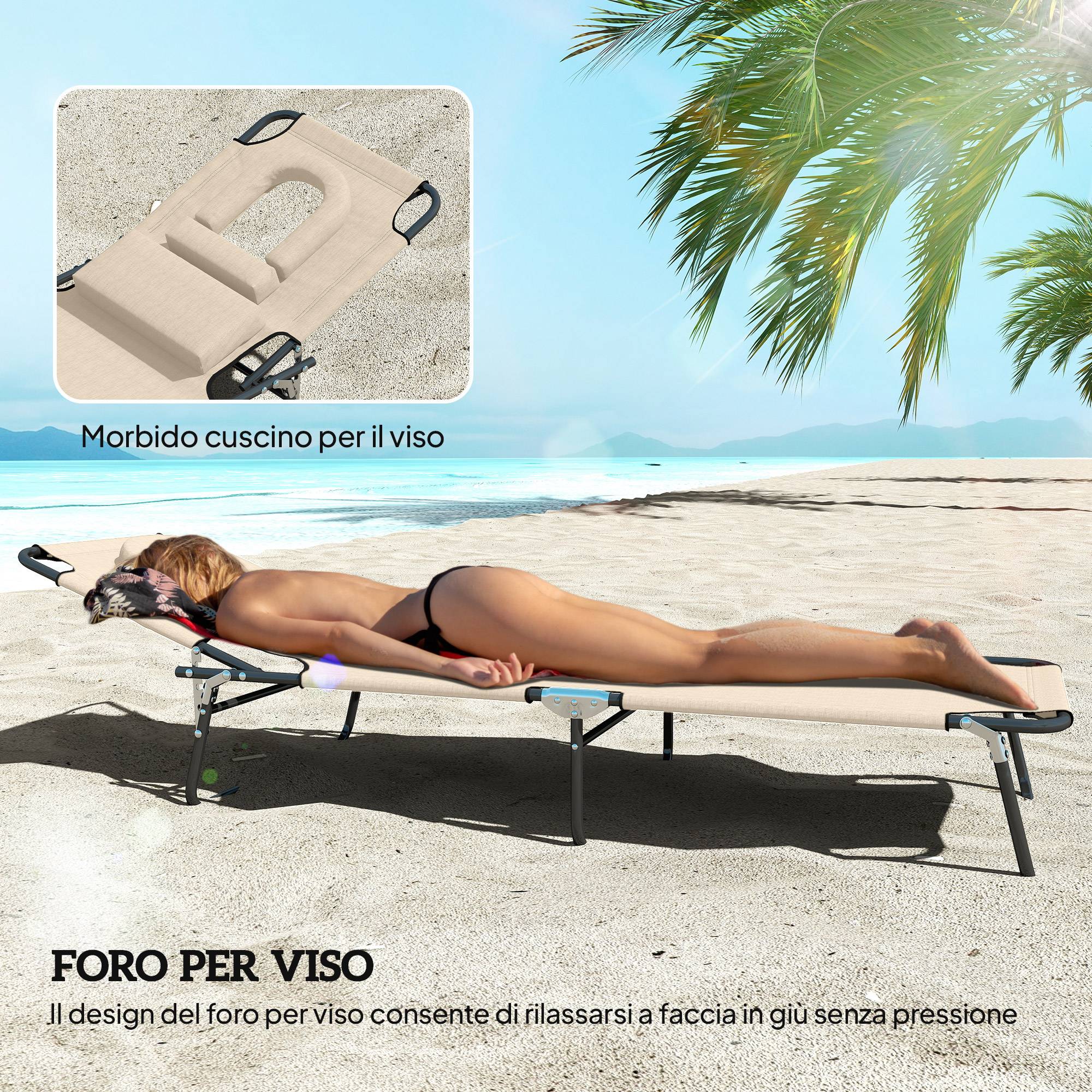 Transat de plage en acier pour bronzage pliable avec cavité faciale 187x58cm Beige - ComfortXL Outdoor Living - Image 9