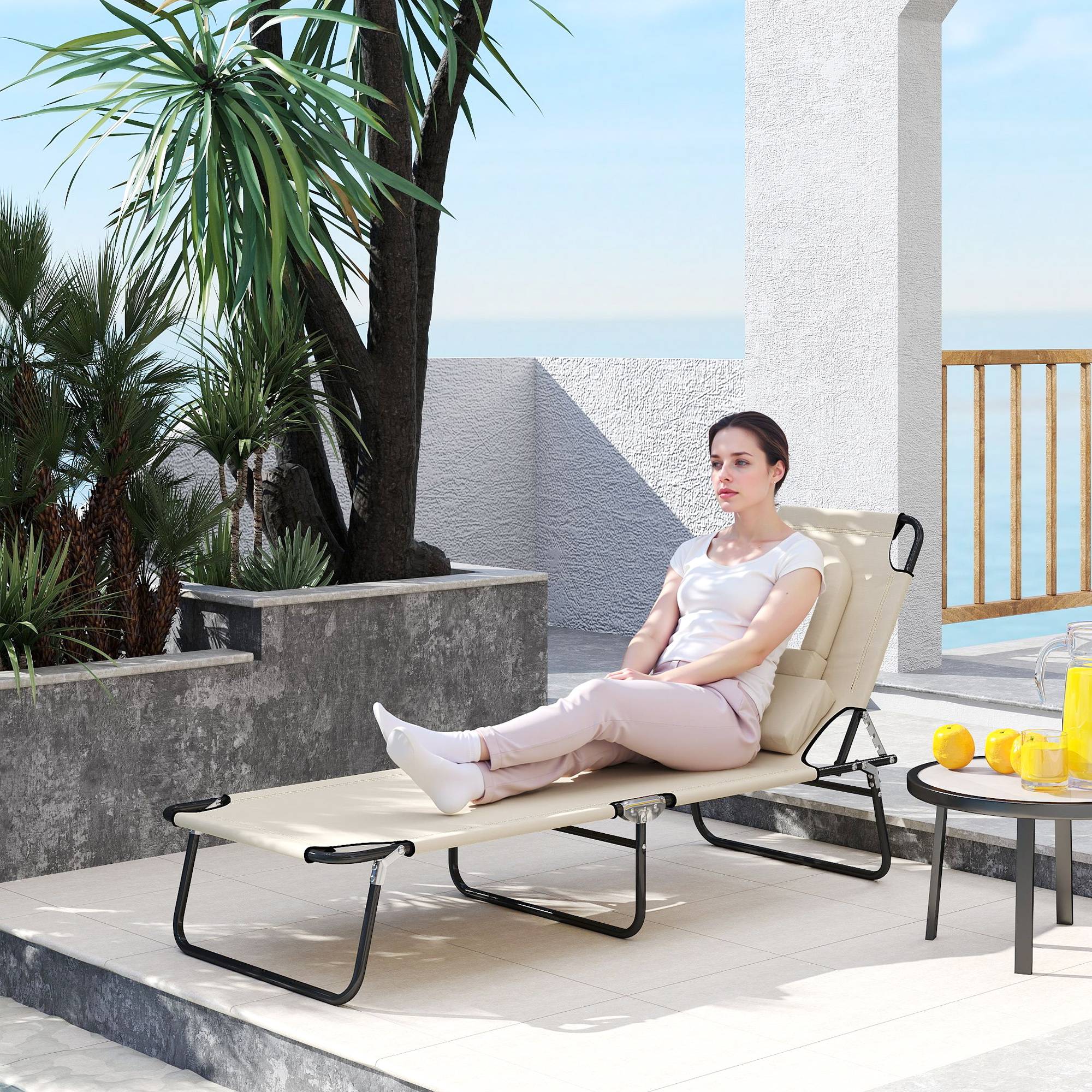 Transat de plage en acier pour bronzage pliable avec cavité faciale 187x58cm Beige - ComfortXL Outdoor Living - Image 4