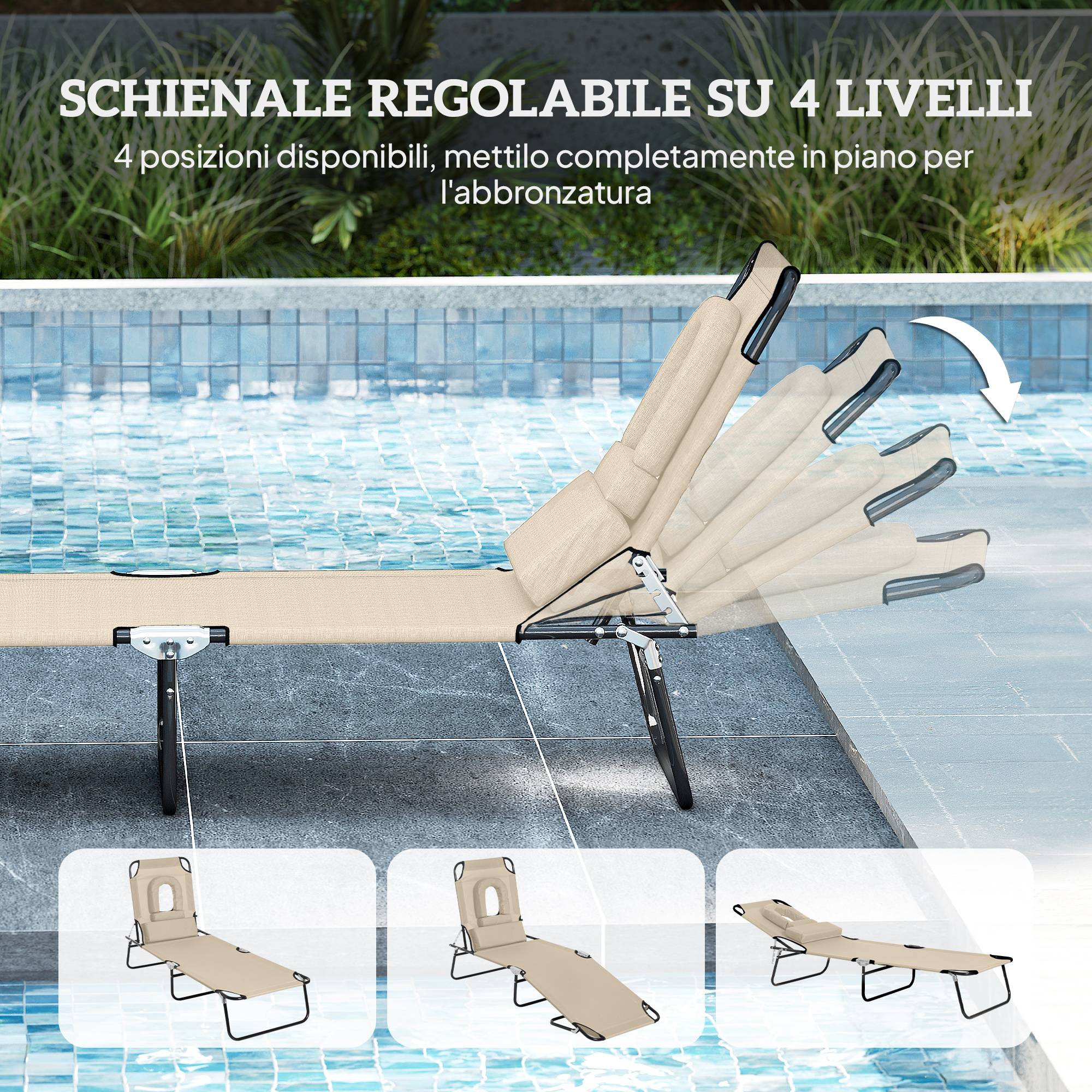 Transat de plage en acier pour bronzage pliable avec cavité faciale 187x58cm Beige - ComfortXL Outdoor Living - Image 6