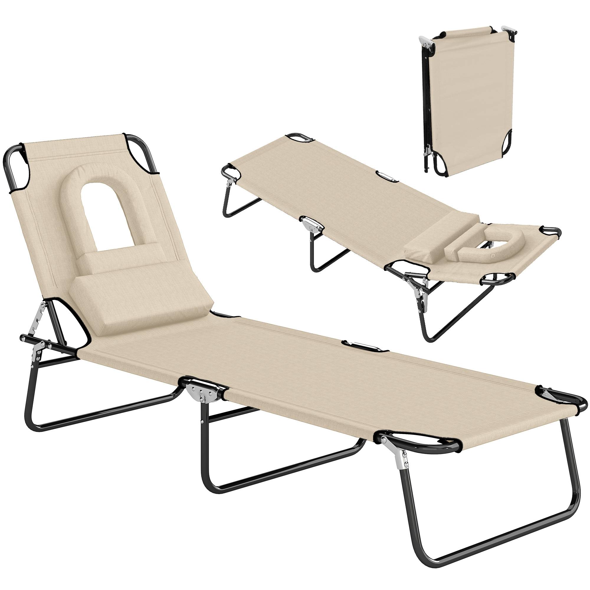 Transat de plage en acier pour bronzage pliable avec cavité faciale 187x58cm Beige - ComfortXL Outdoor Living - Image 1