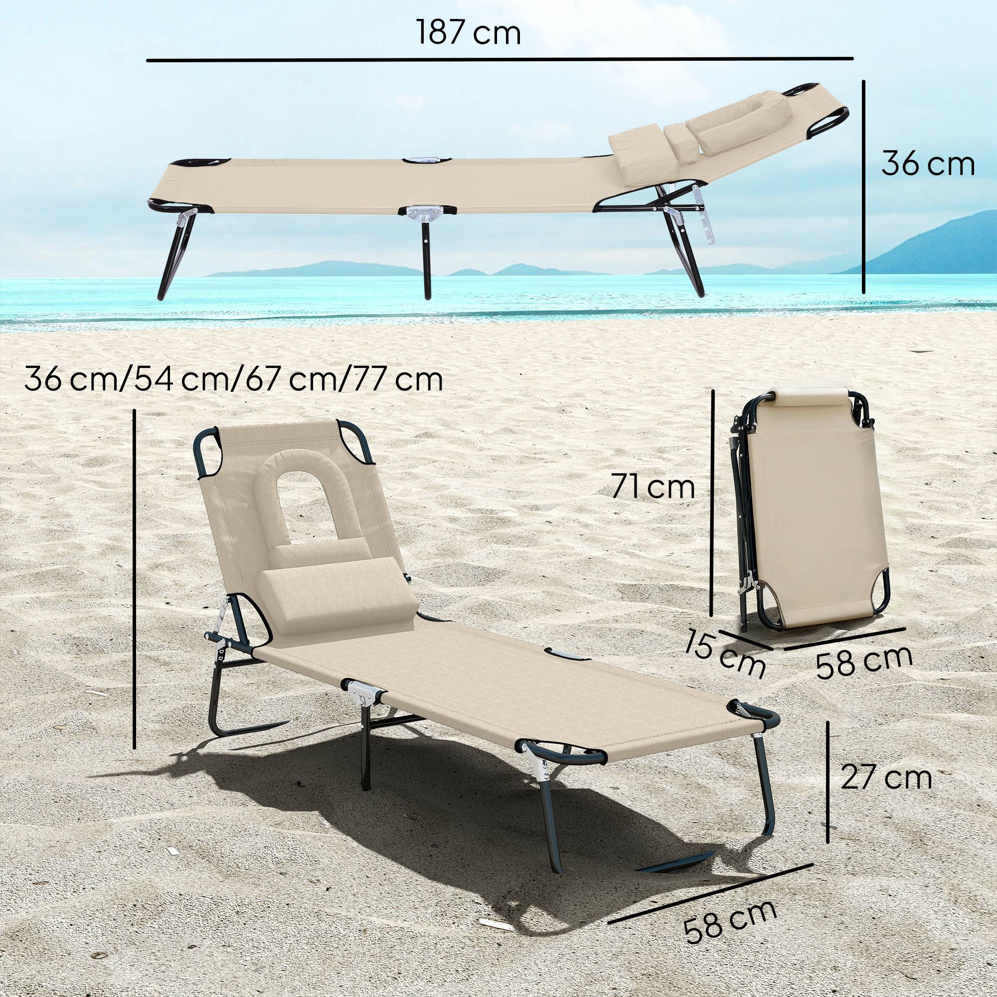 Transat de plage en acier pour bronzage pliable avec cavité faciale 187x58cm Beige - ComfortXL Outdoor Living - Image 5