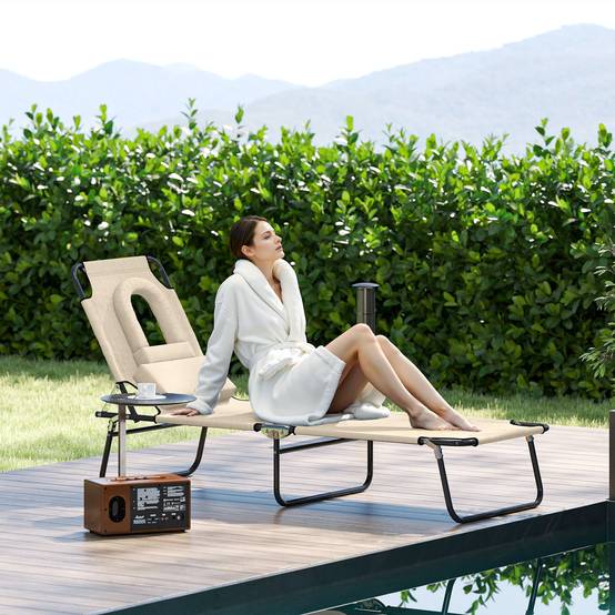 Transat de plage en acier pour bronzage pliable avec cavité faciale 187x58cm Beige - ComfortXL Outdoor Living - Image 3