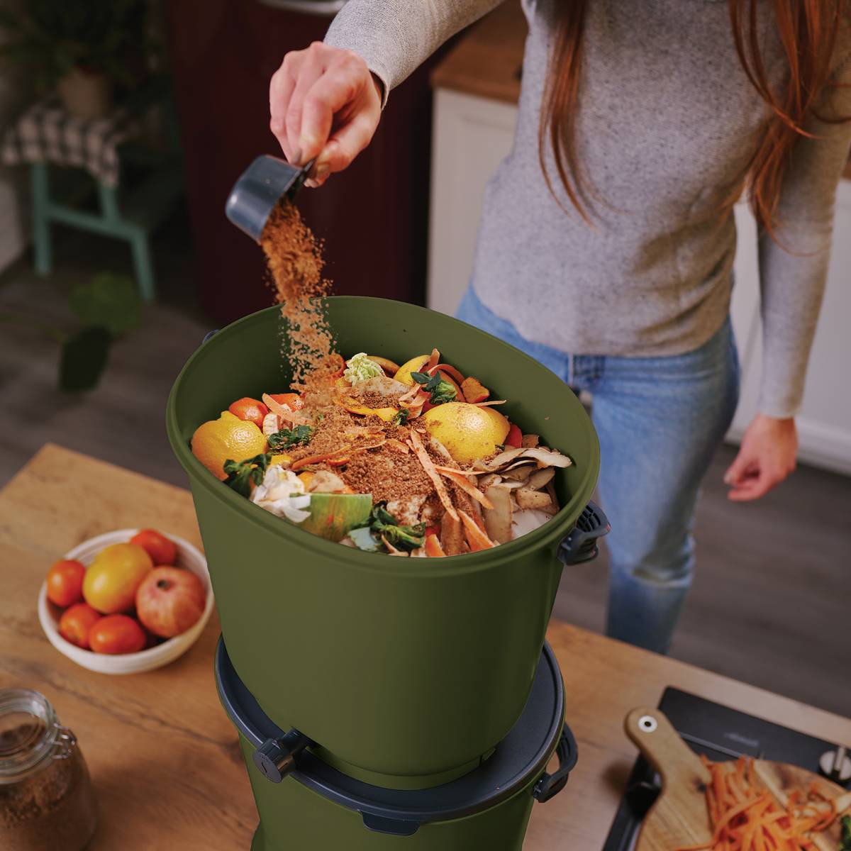 Lot de 2 composteurs Bokashi  Essential  15,3L+1kg de Brain+1 base-Olive - Image 4