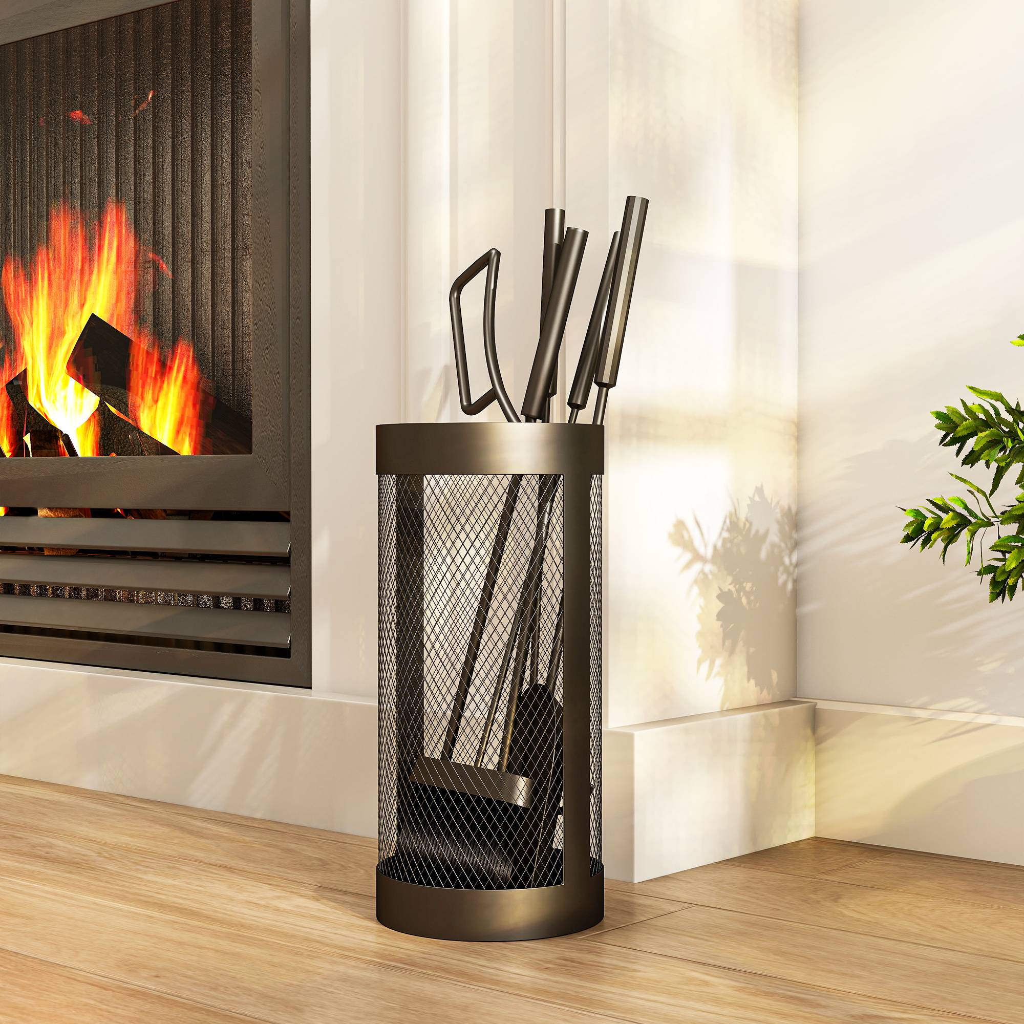 ComfortXL - Serviteur de cheminée 5 pièces en métal noir avec seau grillagé Ø 16 cm pour nettoyage et rangement du foyer