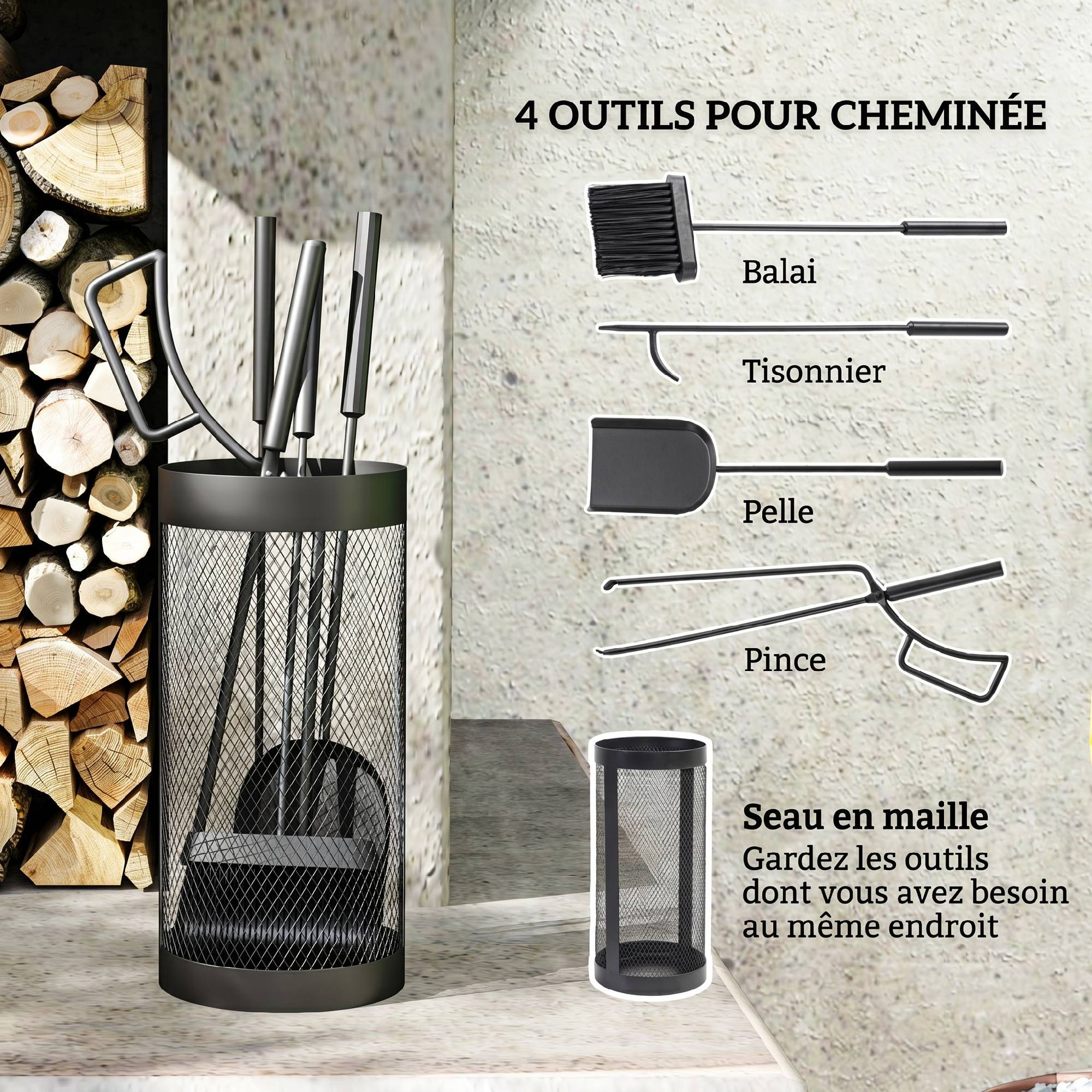 ComfortXL - Serviteur de cheminée 5 pièces en métal noir avec seau grillagé Ø 16 cm pour nettoyage et rangement du foyer - Image 4