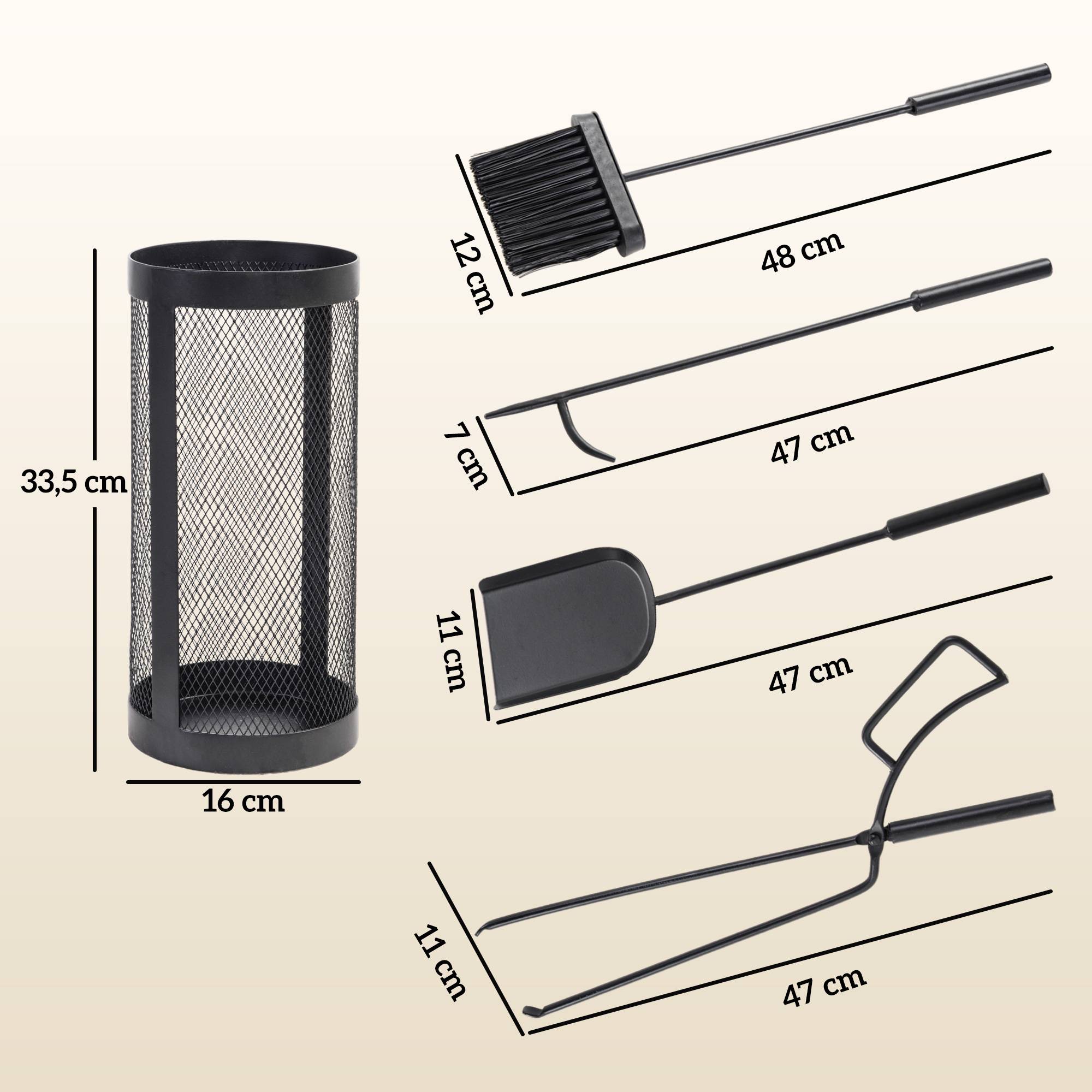 ComfortXL - Serviteur de cheminée 5 pièces en métal noir avec seau grillagé Ø 16 cm pour nettoyage et rangement du foyer - Image 3