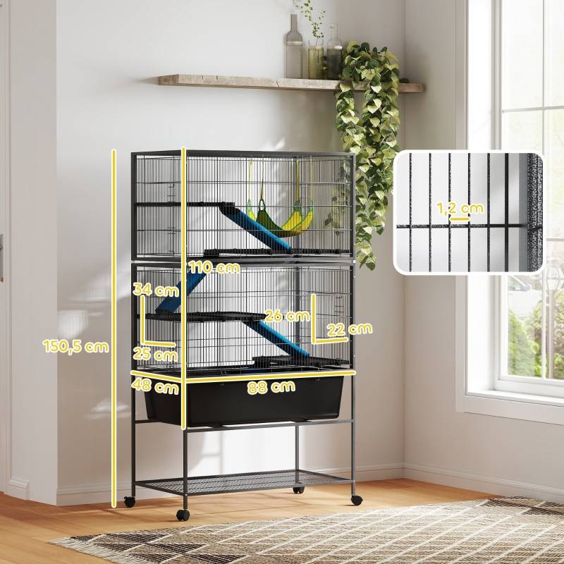 Cage Rongeurs Métal 5 Niveaux Hamac Roulettes 88x48x150cm Gris - ComfortXL Pet Living - Image 3