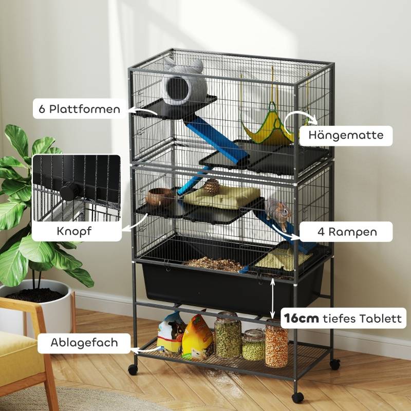 Cage Rongeurs Métal 5 Niveaux Hamac Roulettes 88x48x150cm Gris - ComfortXL Pet Living - Image 5