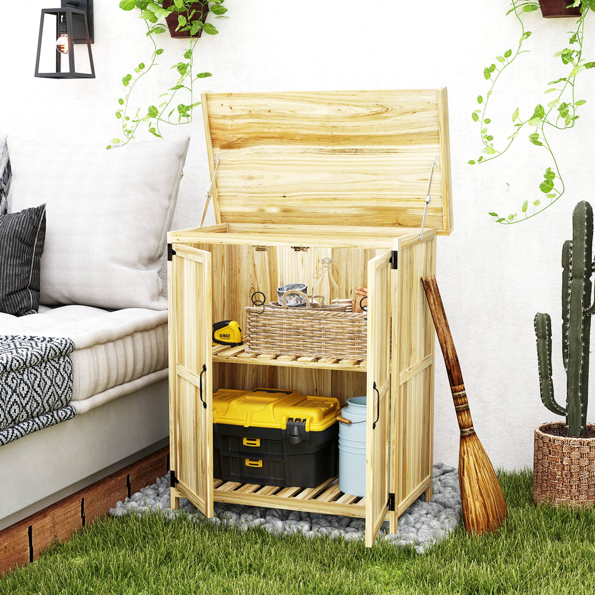 Armoire de jardin en bois abri de jardin avec 2 portes, toit à charnières et étagère, 74 x 43 x 88 cm, bois naturel - Image 4