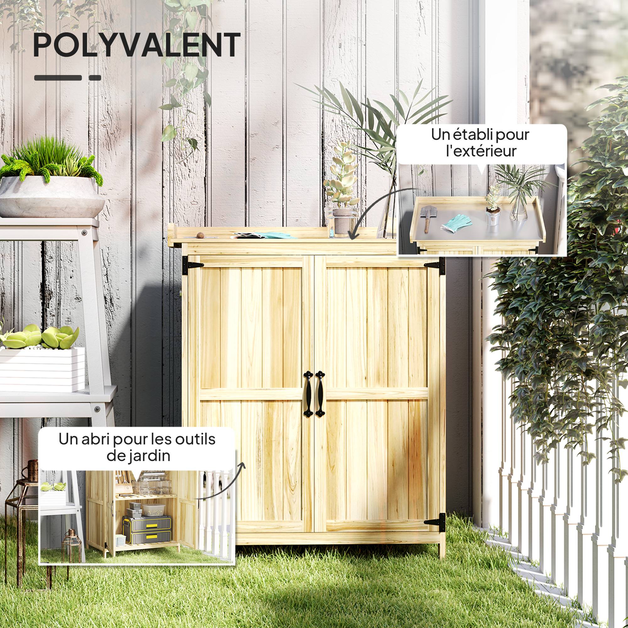 Armoire de jardin en bois abri de jardin avec 2 portes, toit à charnières et étagère, 74 x 43 x 88 cm, bois naturel - Image 6