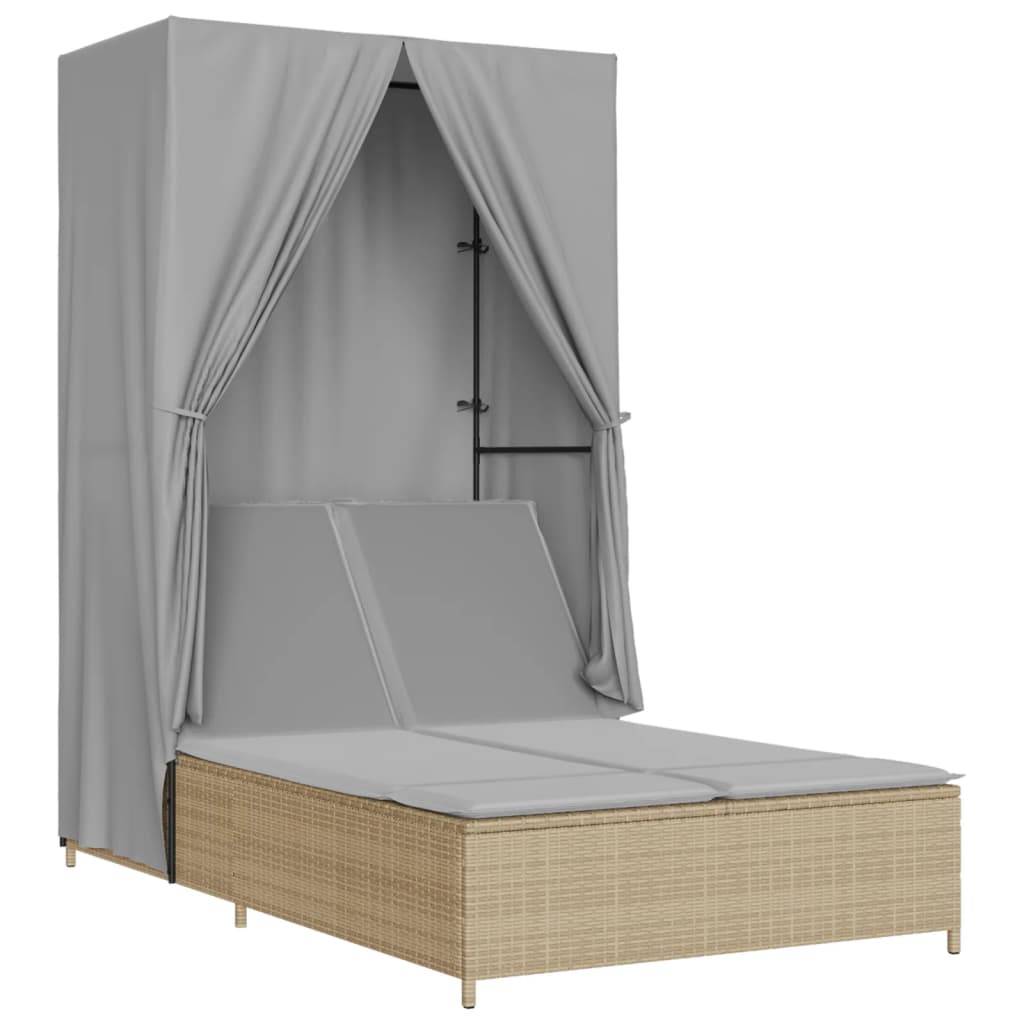 Transat Double Extérieur Poly Rotin Toit et Rideaux Beige – ComfortXL Outdoor Living - Image 2