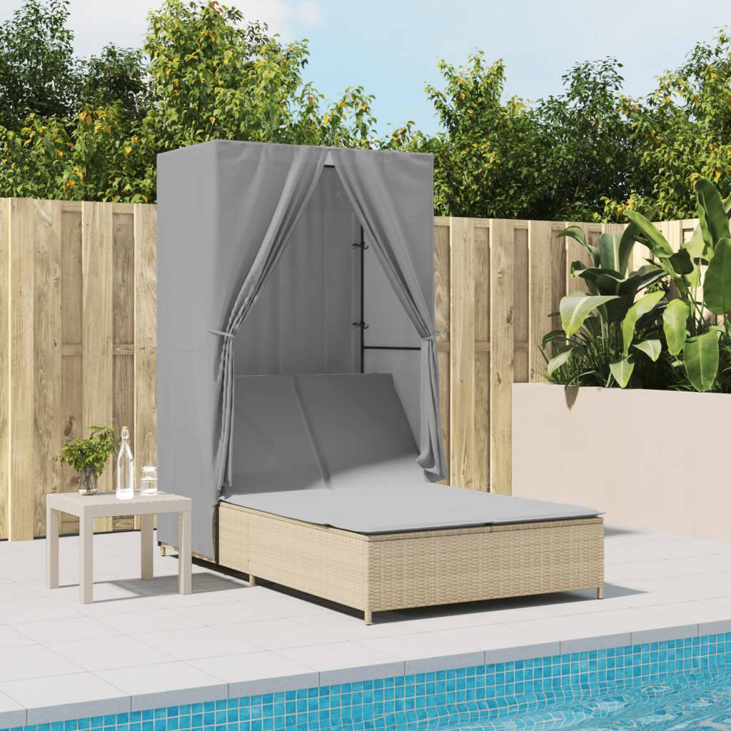 Transat Double Extérieur Poly Rotin Toit et Rideaux Beige – ComfortXL Outdoor Living - Image 1