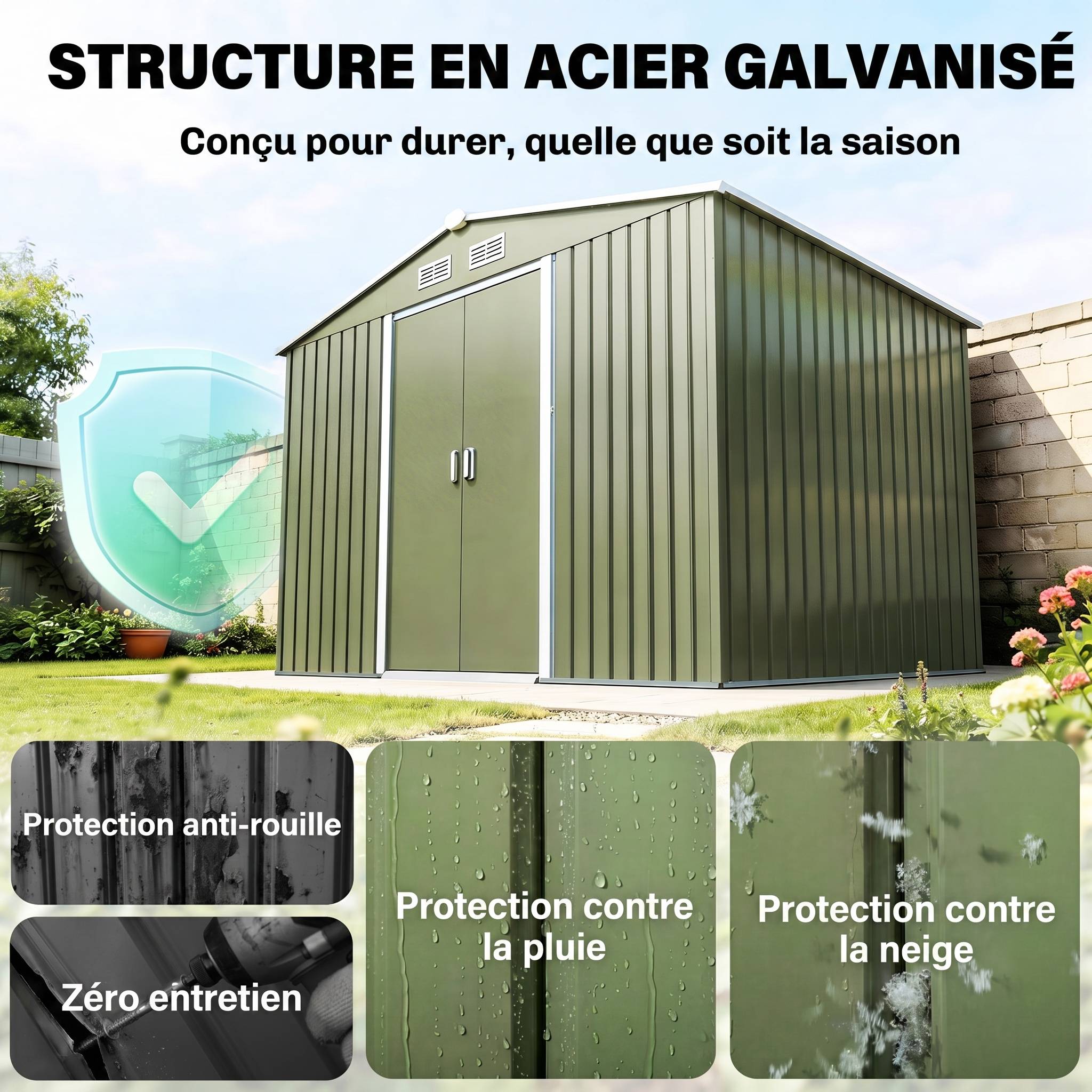 ComfortXL - Abri de jardin métal avec kit fondation rangement outils 277x195x192cm vert - ComfortXL Outdoor Living - Image 6