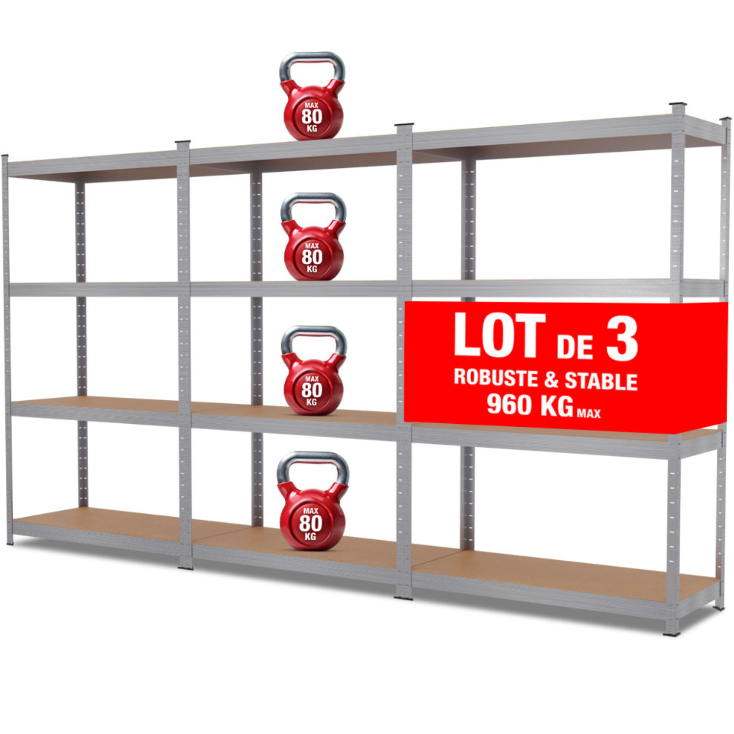 Triple étagère charges lourdes - 2M10 de long -12 plateaux - 210 X 150 - 30 cm - Gris - EURO VANADIUM - Image 1