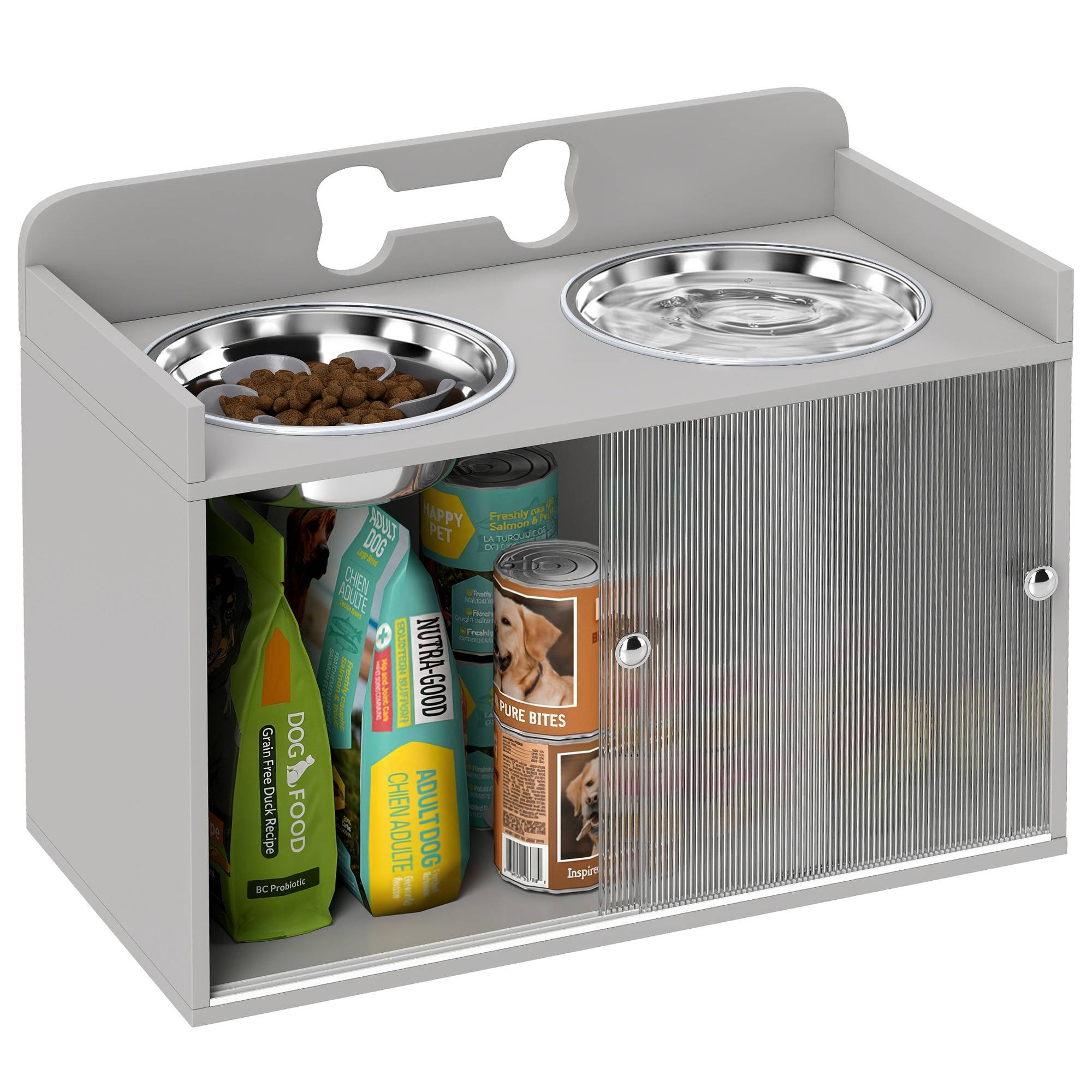 Sans Marque - Erhöhte Futterstation mit 2 Näpfen und Schrank, MDF, Edelstahl, Knochenmuster, Grau - Image 1