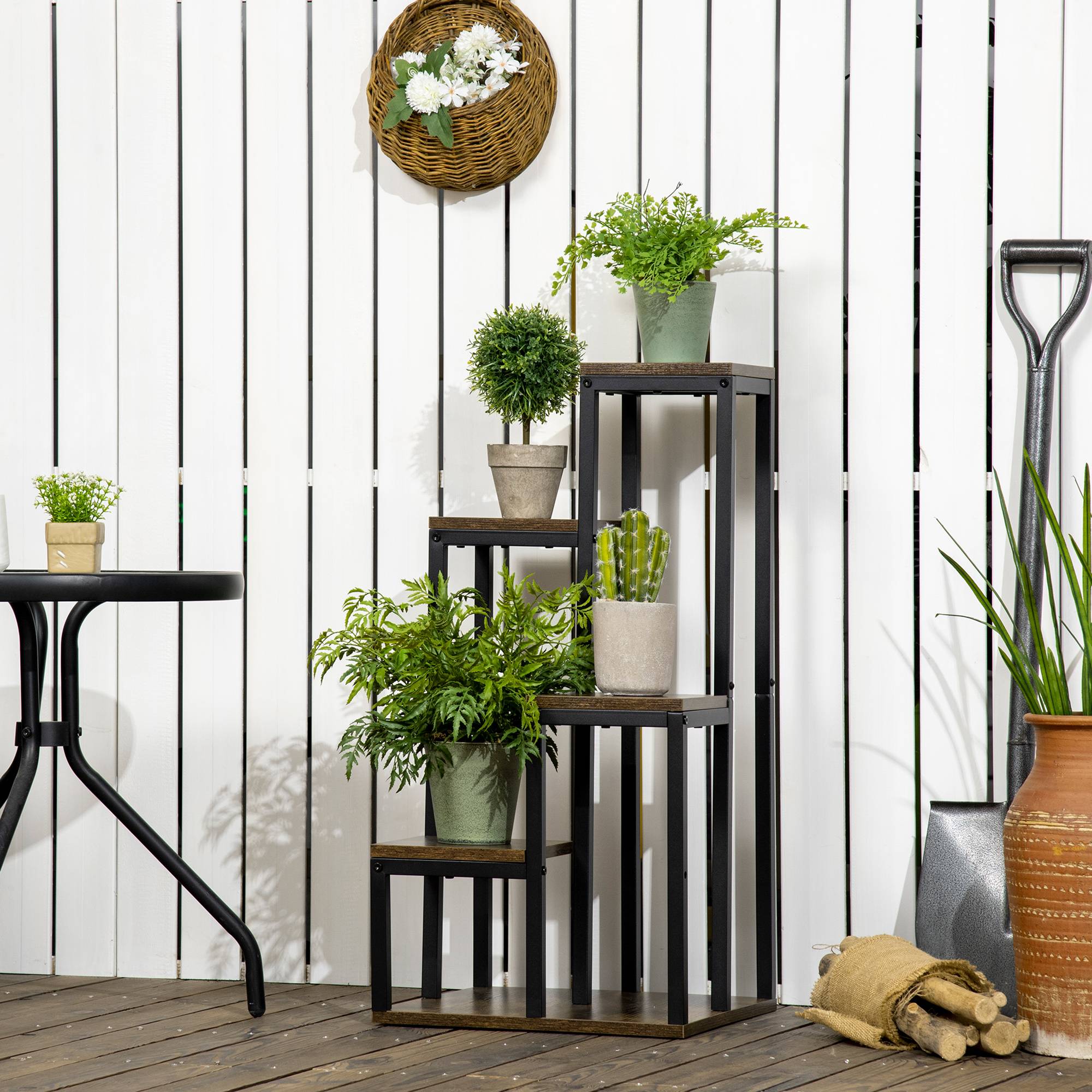 Étagère d'angle pour plantes 4 niveaux en bois et métal style industriel 40x40x81cm - ComfortXL Outdoor Living - Image 3