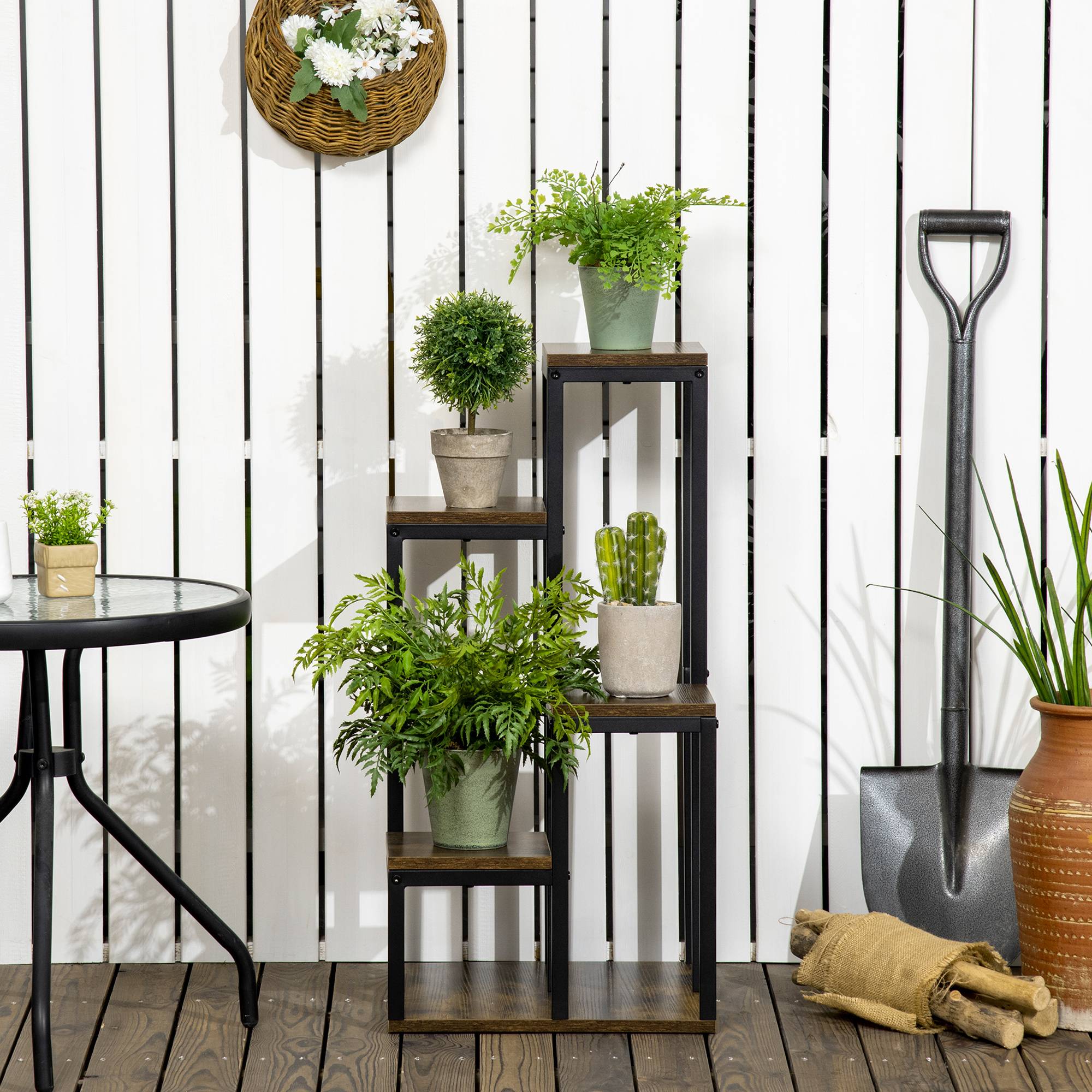 Étagère d'angle pour plantes 4 niveaux en bois et métal style industriel 40x40x81cm - ComfortXL Outdoor Living - Image 9