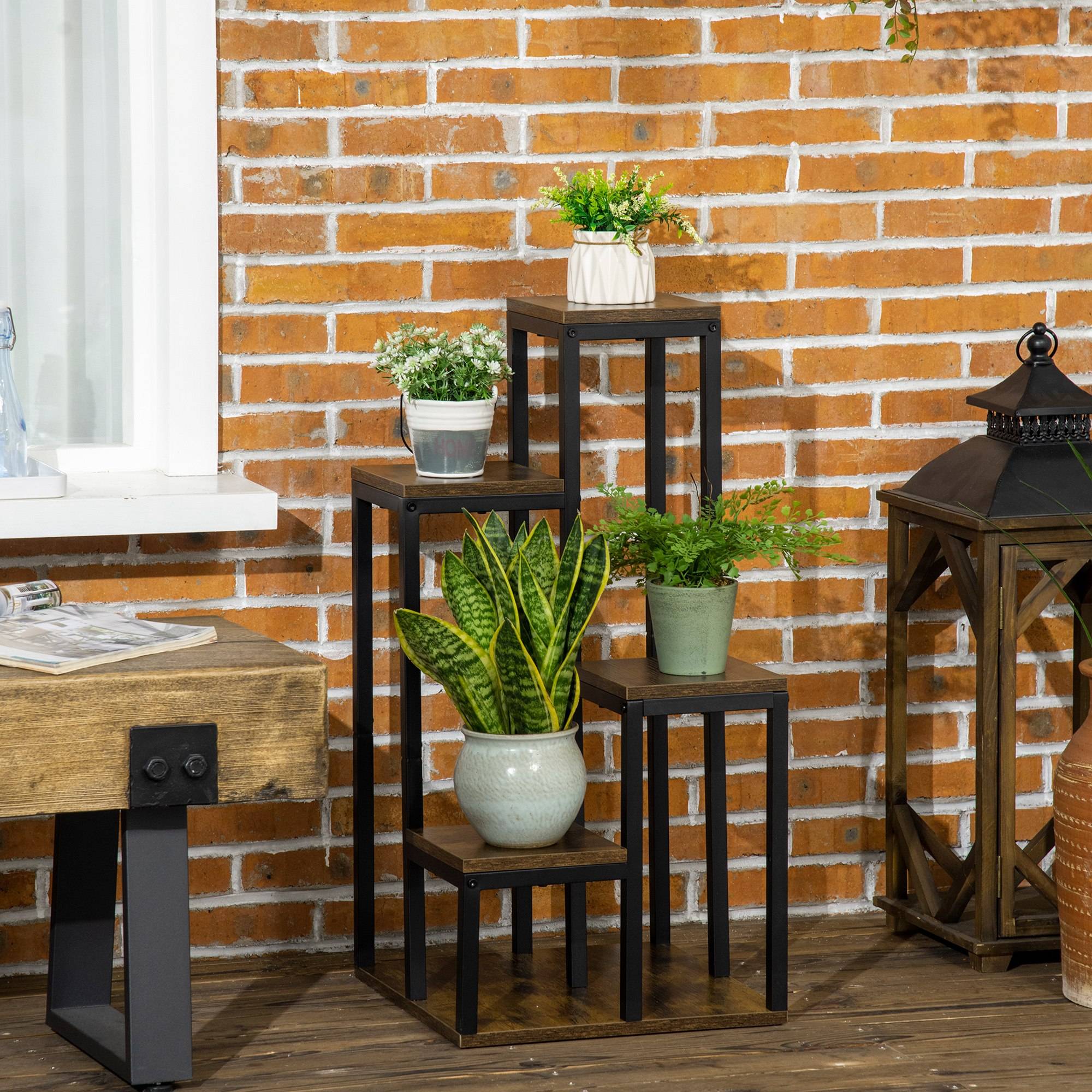 Étagère d'angle pour plantes 4 niveaux en bois et métal style industriel 40x40x81cm - ComfortXL Outdoor Living - Image 4