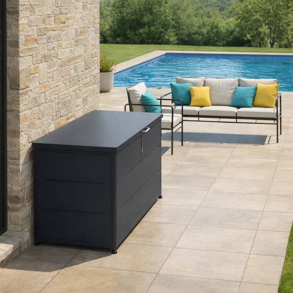 Couleurs du monde - Coffre extérieur 460L gris en acier galvanisé – rangement pratique et durable pour jardin et terrasse - Image 5