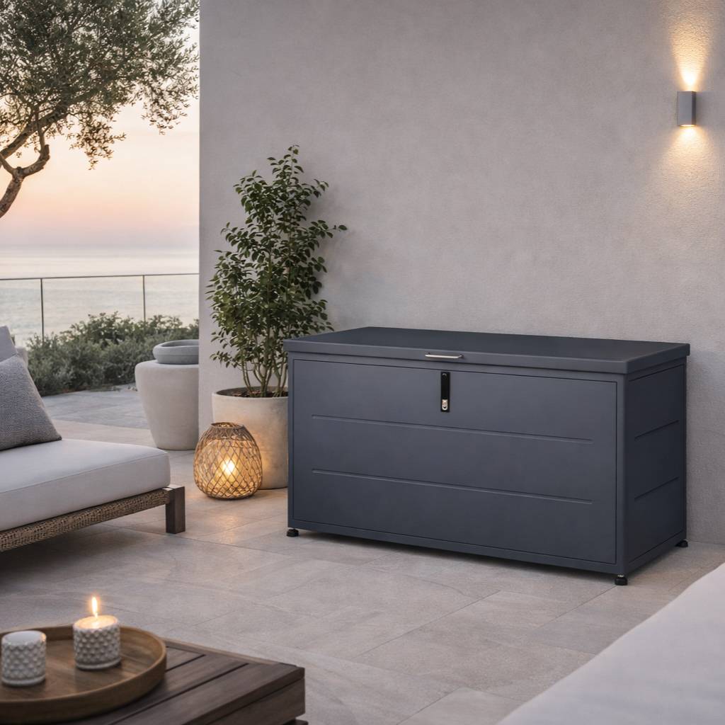 Couleurs du monde - Coffre extérieur 460L gris en acier galvanisé – rangement pratique et durable pour jardin et terrasse - Image 1