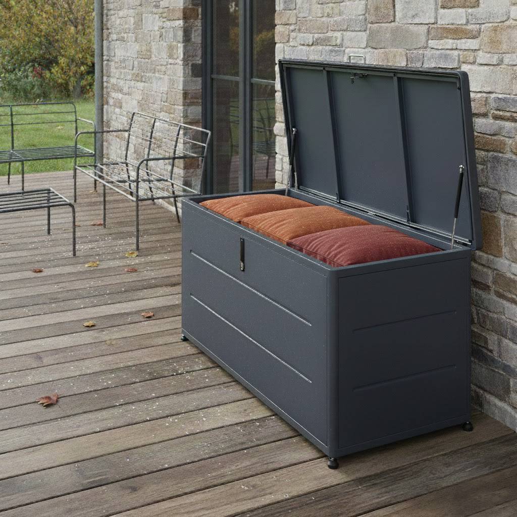 Couleurs du monde - Coffre extérieur 460L gris en acier galvanisé – rangement pratique et durable pour jardin et terrasse - Image 7