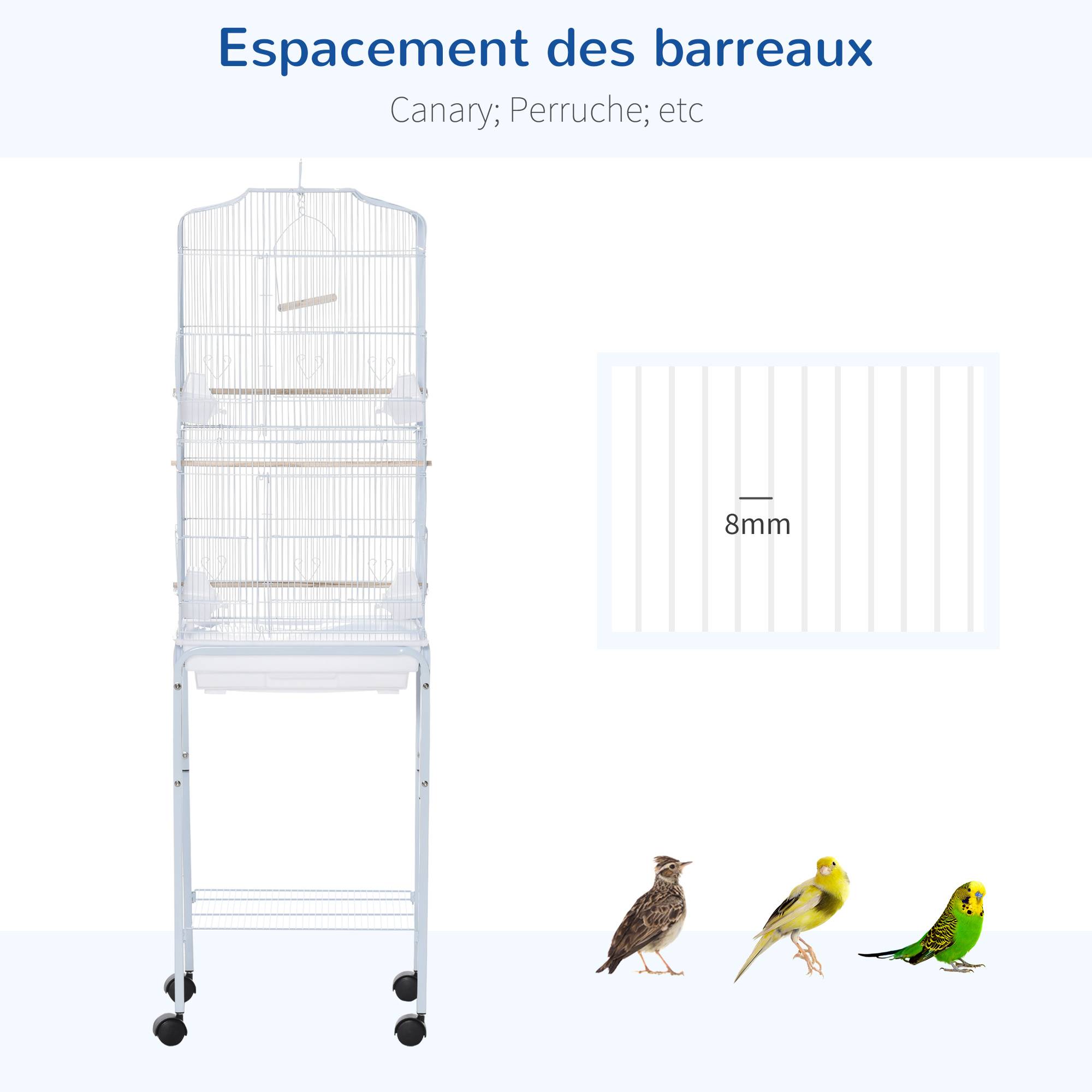 Cage à oiseaux sur pied volière oiseaux sur roulettes toit ouvrant 3 perchoirs étagère inférieure 46,5x36x157cm blanc - Image 8