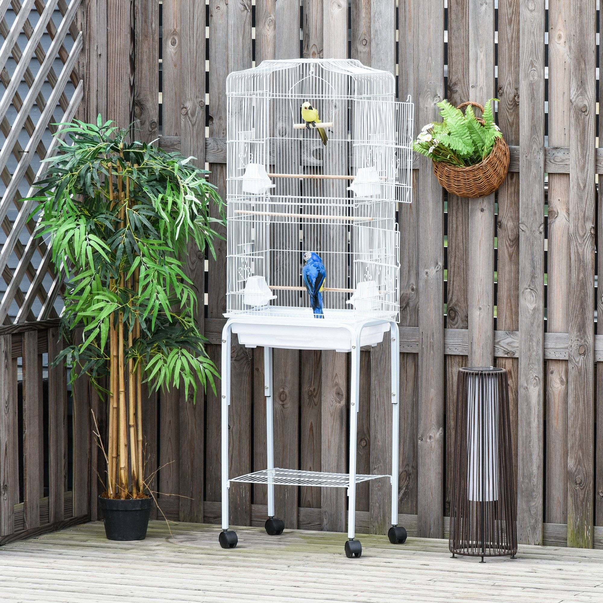 Cage à oiseaux sur pied volière oiseaux sur roulettes toit ouvrant 3 perchoirs étagère inférieure 46,5x36x157cm blanc - Image 10