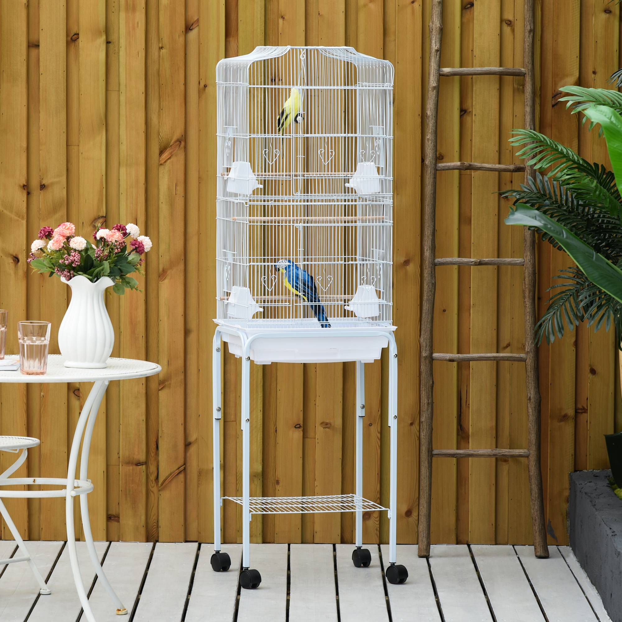 Cage à oiseaux sur pied volière oiseaux sur roulettes toit ouvrant 3 perchoirs étagère inférieure 46,5x36x157cm blanc - Image 3