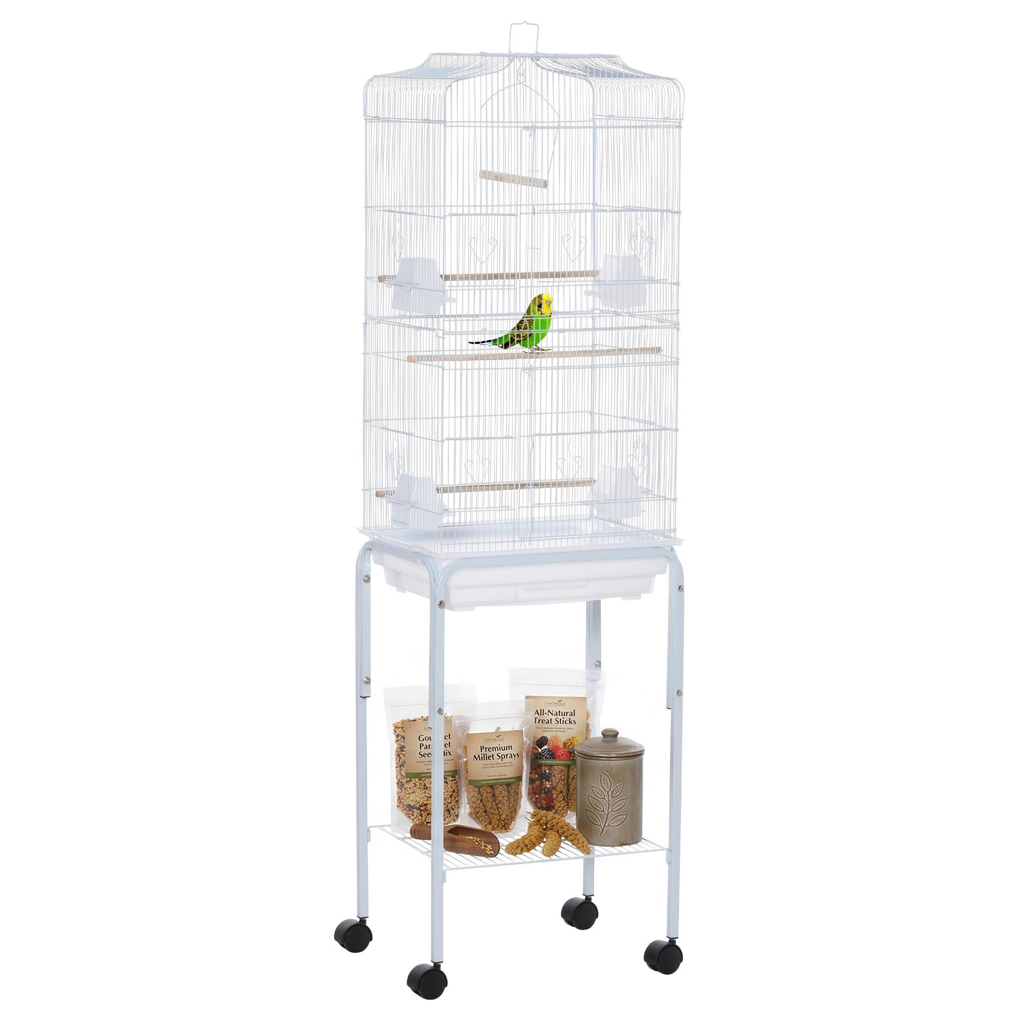 Cage à oiseaux sur pied volière oiseaux sur roulettes toit ouvrant 3 perchoirs étagère inférieure 46,5x36x157cm blanc - Image 1