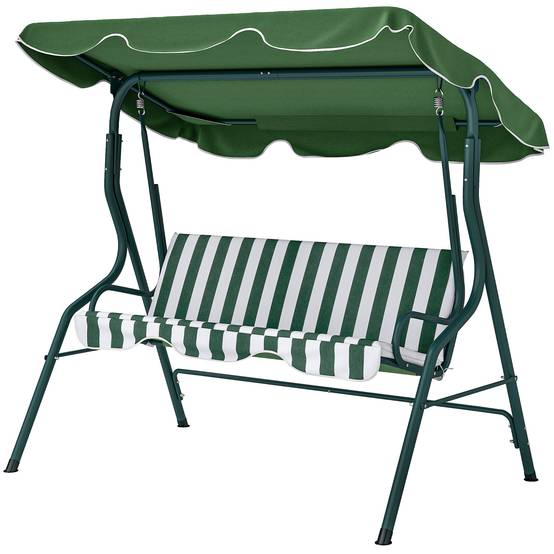 Balançoire 3 places, toit réglable et coussins, acier et polyester, 170x110x153cm, vert et blanc - Image 2