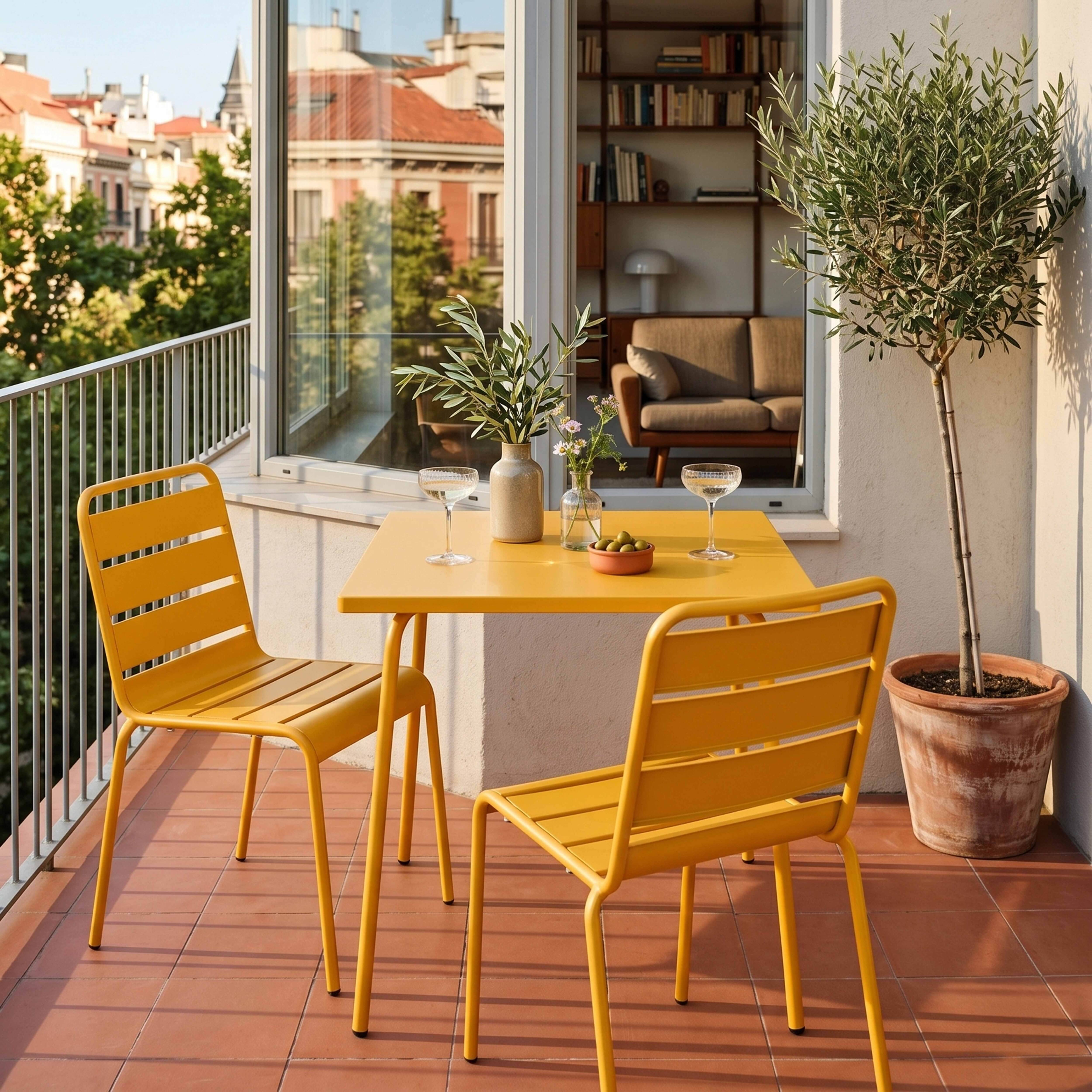 Oviala - Ensemble table de jardin carrée et 2 chaises acier jaune Palavas - Oviala - Image 2