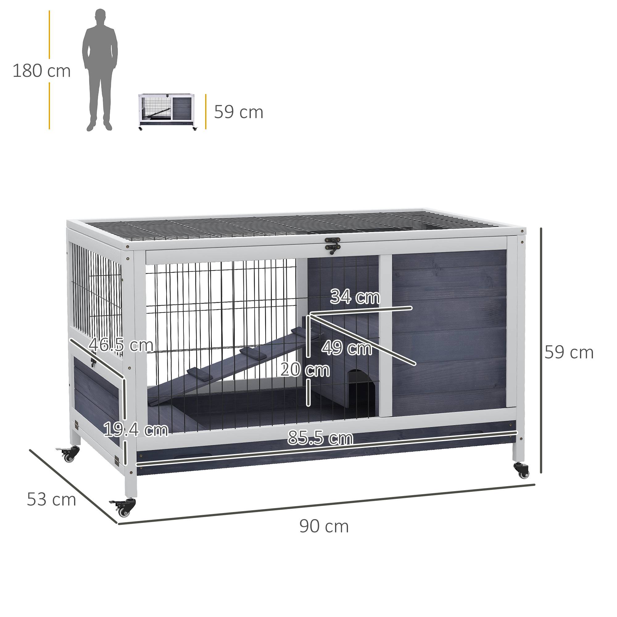 Cage pour lapin et cochon d'Inde avec 4 roues, maisonnette, rampe et bac amovible, bois naturel, gris et blanc, 90 x 53 x 59 cm - Image 5