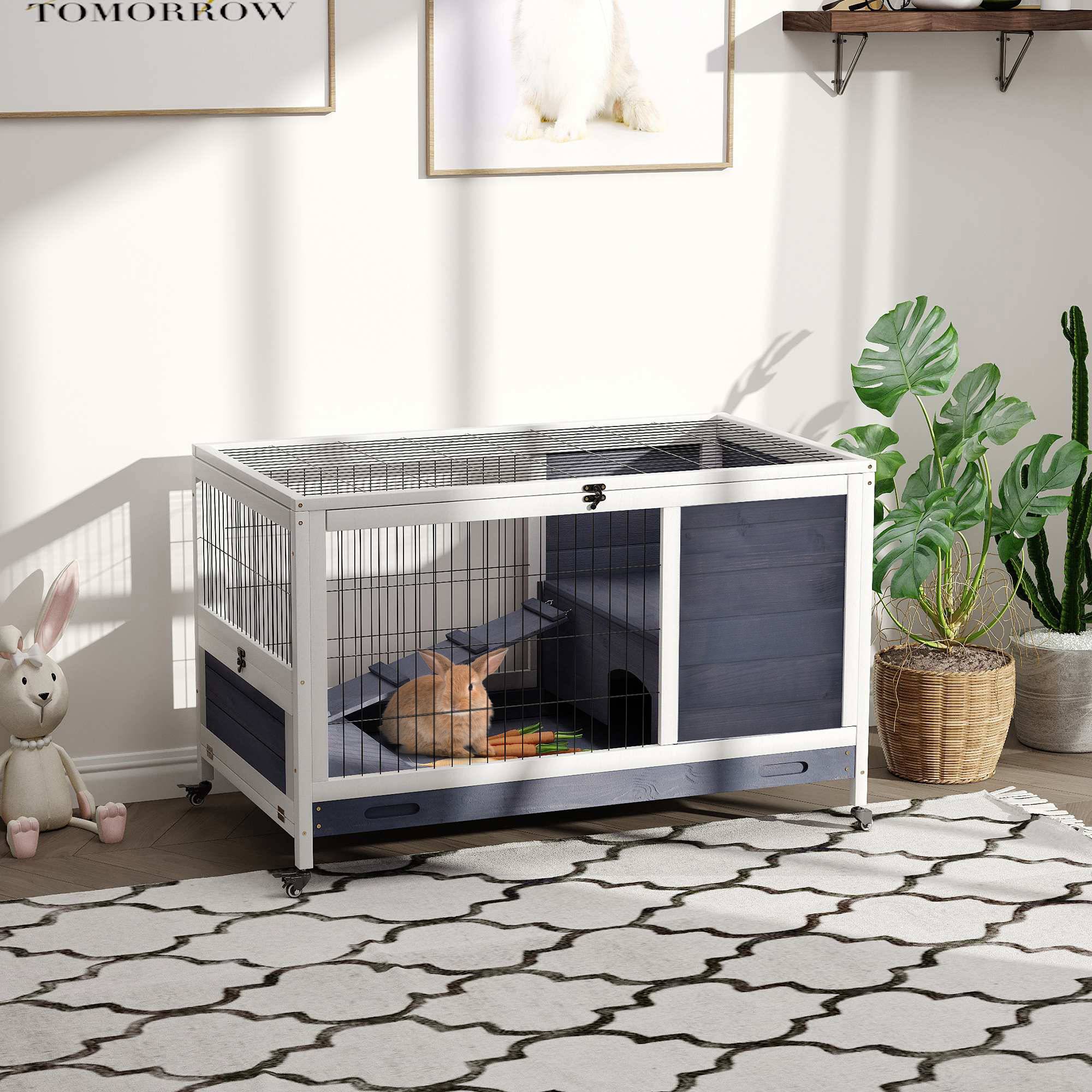 Cage pour lapin et cochon d'Inde avec 4 roues, maisonnette, rampe et bac amovible, bois naturel, gris et blanc, 90 x 53 x 59 cm - Image 4