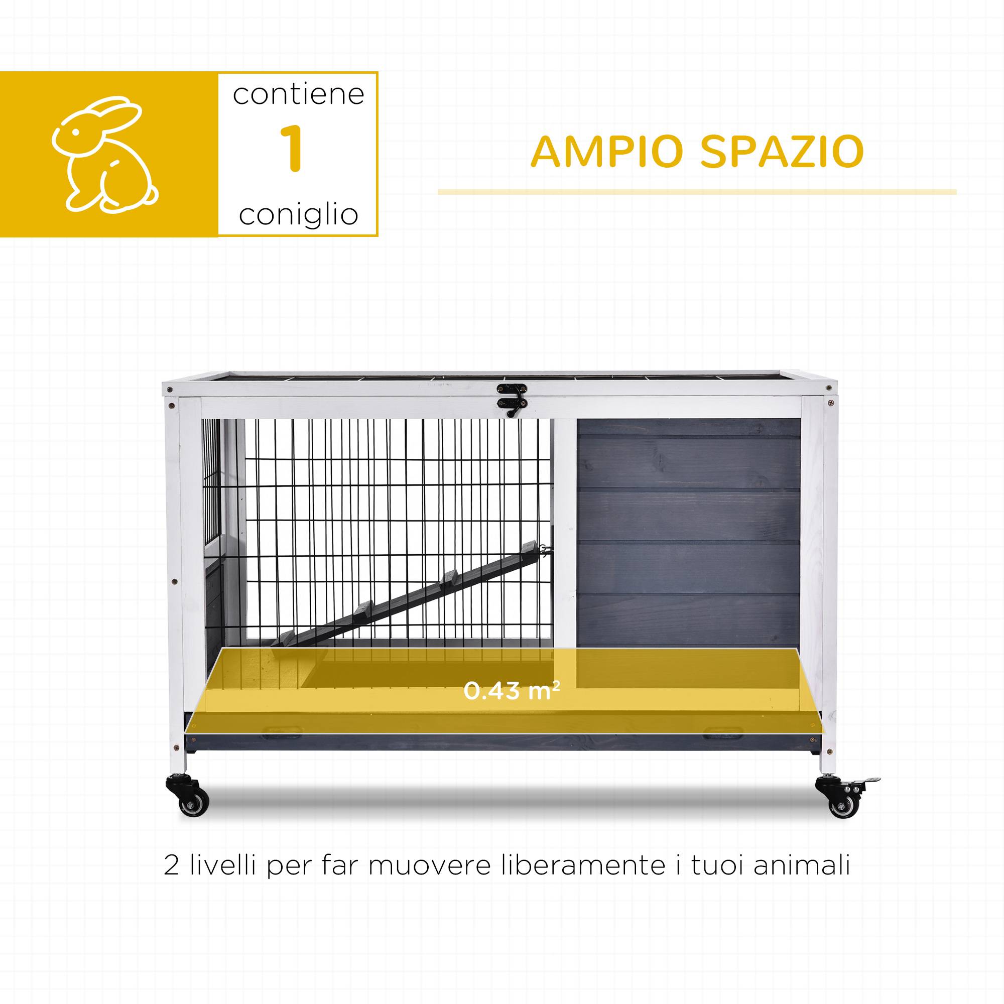 Cage pour lapin et cochon d'Inde avec 4 roues, maisonnette, rampe et bac amovible, bois naturel, gris et blanc, 90 x 53 x 59 cm - Image 6