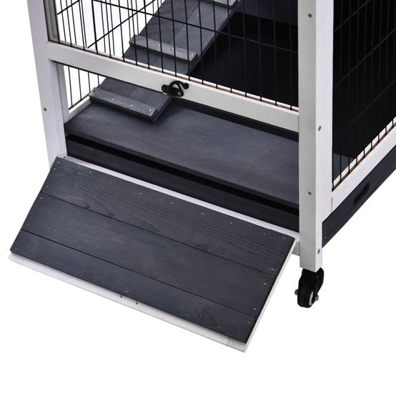 Cage pour lapin et cochon d'Inde avec 4 roues, maisonnette, rampe et bac amovible, bois naturel, gris et blanc, 90 x 53 x 59 cm - Image 10
