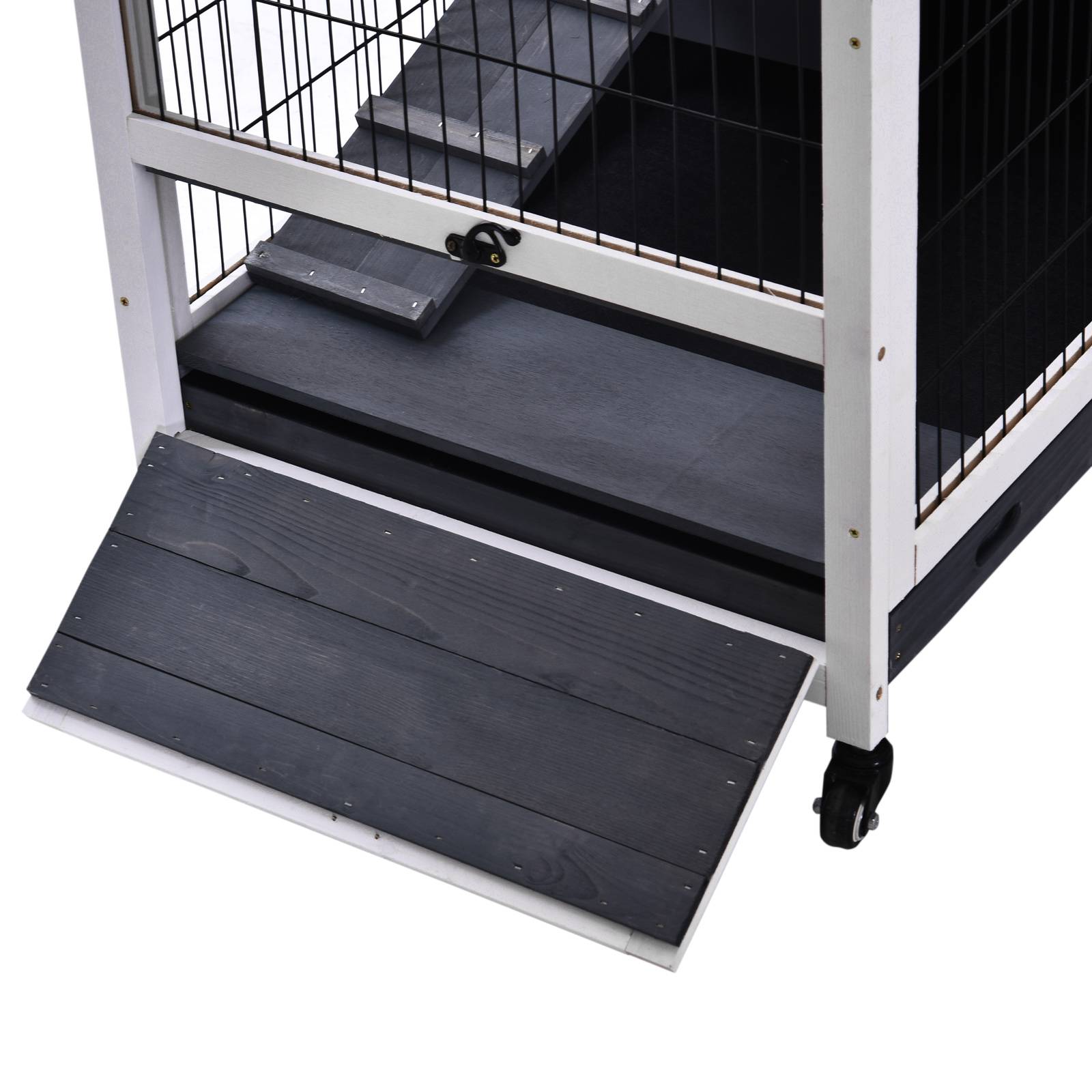 Cage pour lapin et cochon d'Inde avec 4 roues, maisonnette, rampe et bac amovible, bois naturel, gris et blanc, 90 x 53 x 59 cm - Image 10