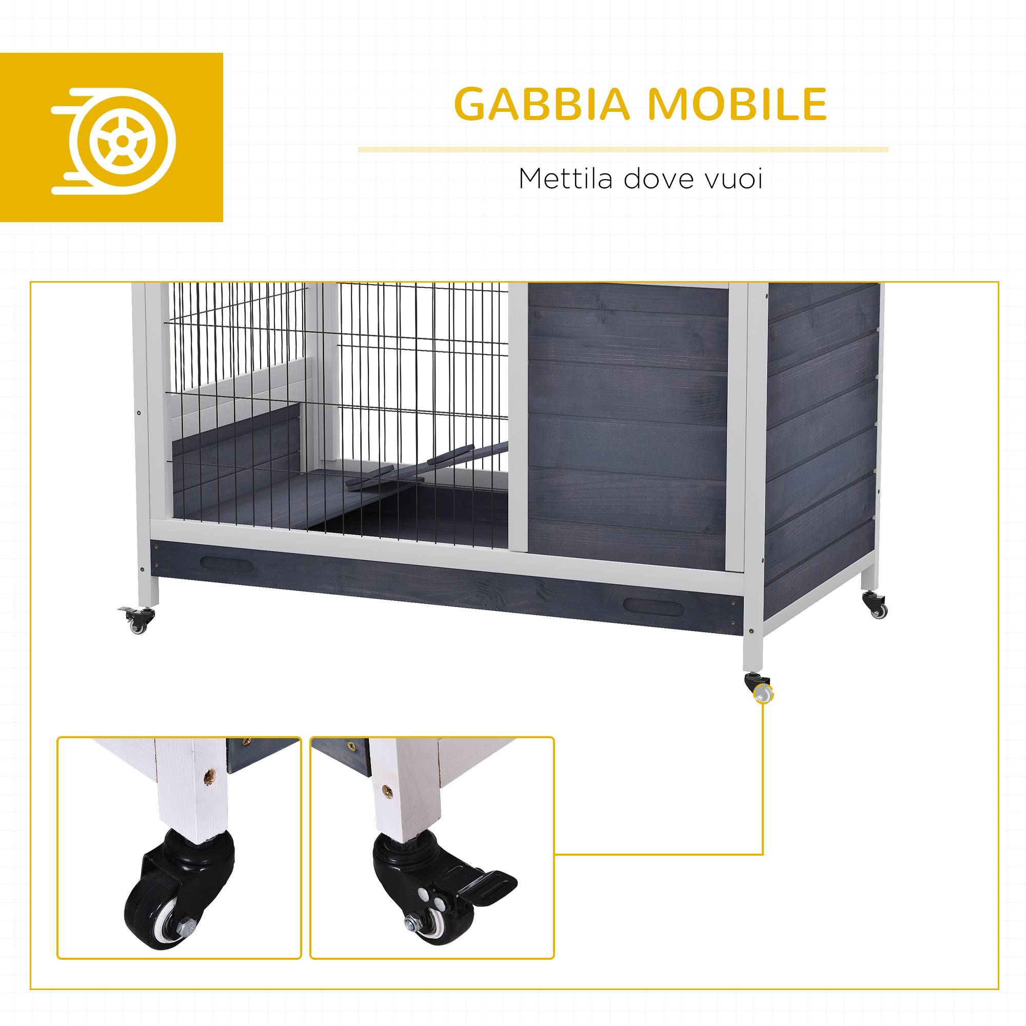 Cage pour lapin et cochon d'Inde avec 4 roues, maisonnette, rampe et bac amovible, bois naturel, gris et blanc, 90 x 53 x 59 cm - Image 9