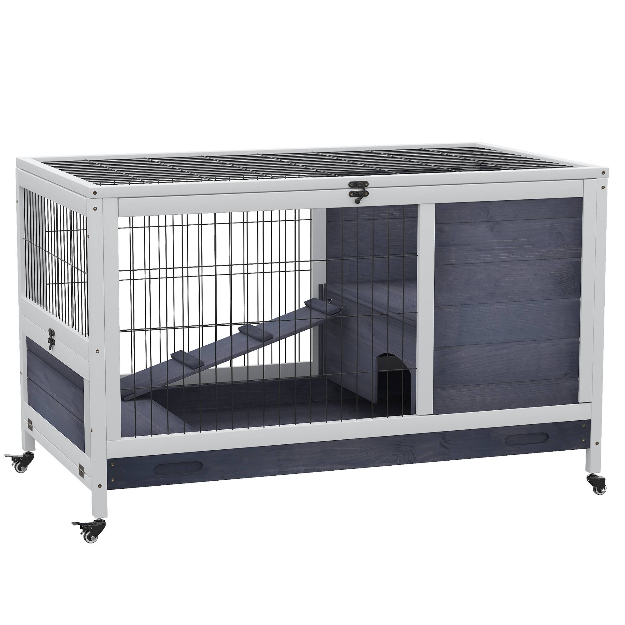 Cage pour lapin et cochon d'Inde avec 4 roues, maisonnette, rampe et bac amovible, bois naturel, gris et blanc, 90 x 53 x 59 cm - Image 1