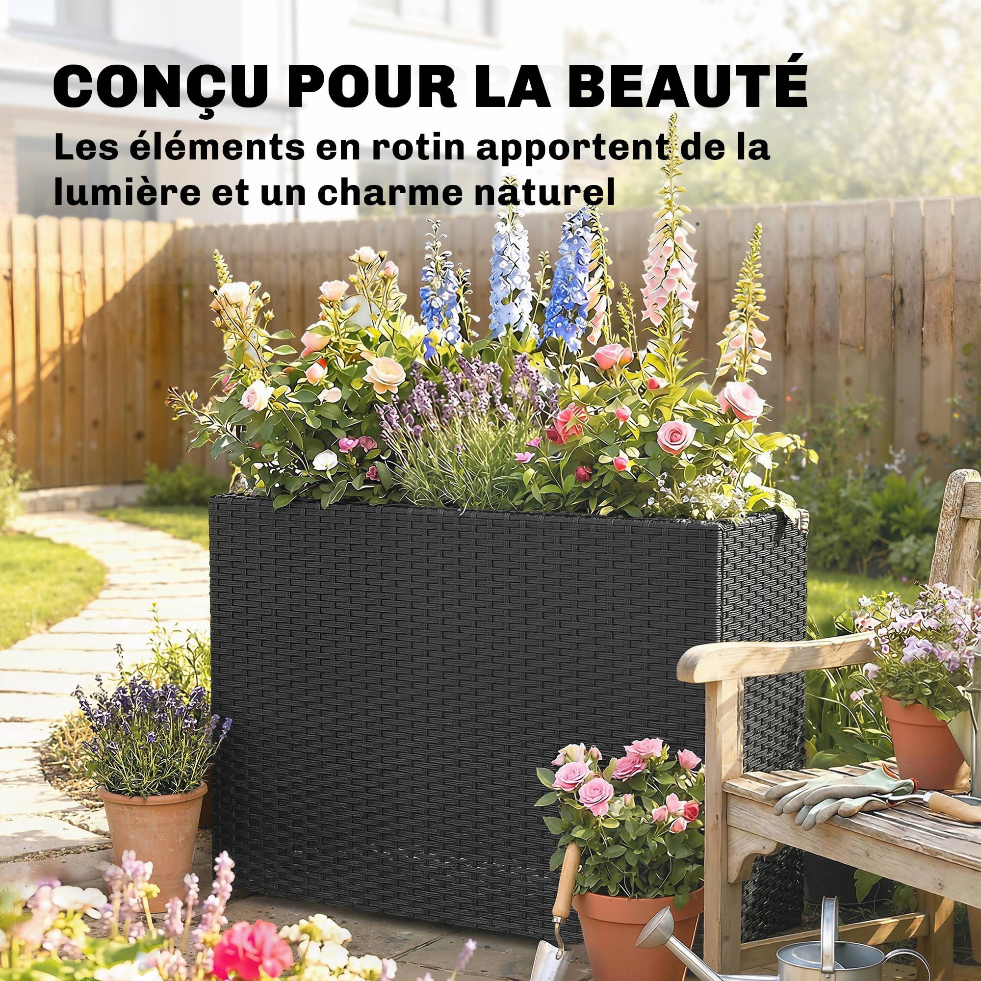 Jardinière surélevée résine tressée noir 81 x 28 x 58 cm - PANGIVO - Image 7