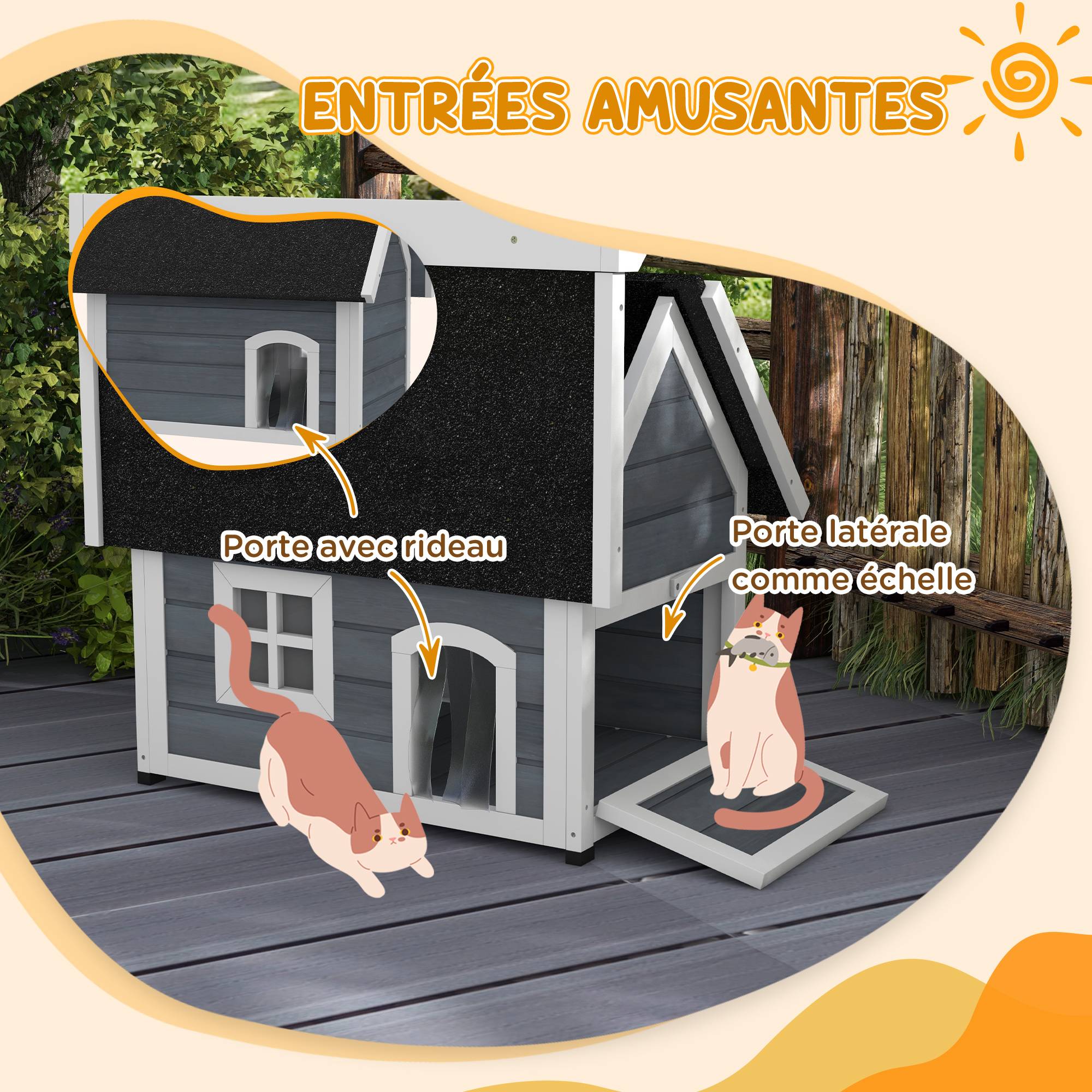 Maison pour chat en bois porte à lamelles fenêtre en plexiglas toit bitumé ouvrable 77 x 57,5 x 68 cm gris - Image 6