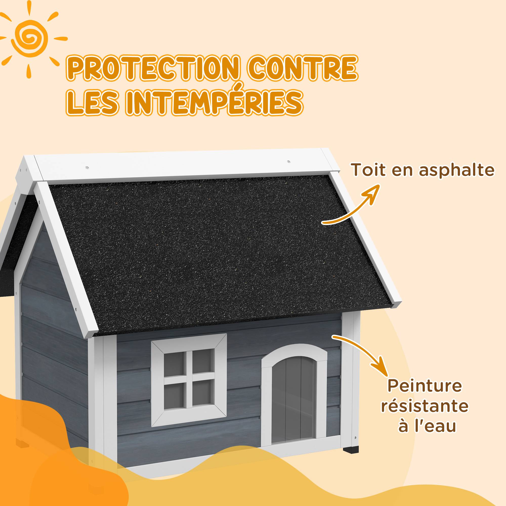 Maison pour chat en bois porte à lamelles fenêtre en plexiglas toit bitumé ouvrable 77 x 57,5 x 68 cm gris - Image 8