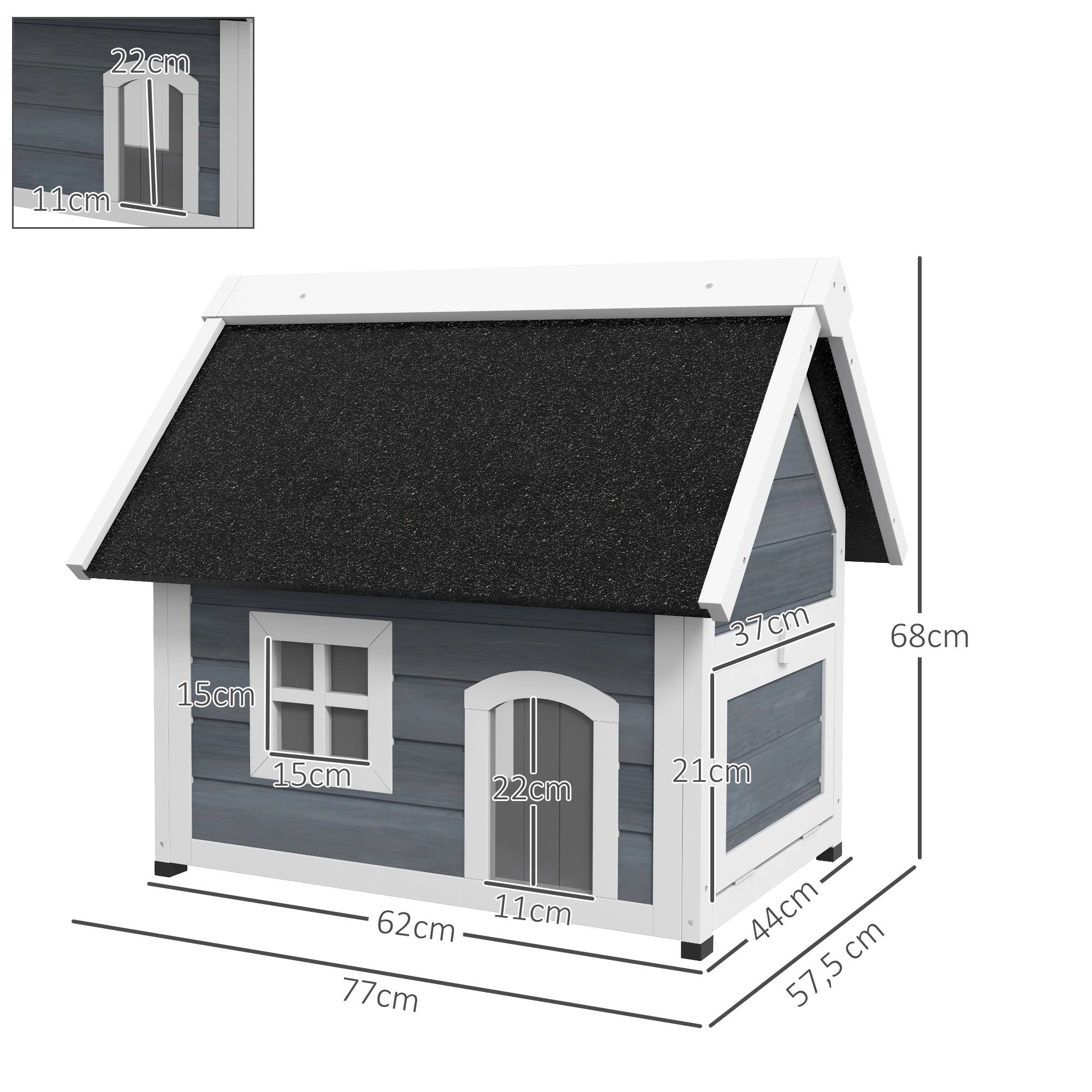 Maison pour chat en bois porte à lamelles fenêtre en plexiglas toit bitumé ouvrable 77 x 57,5 x 68 cm gris - Image 5